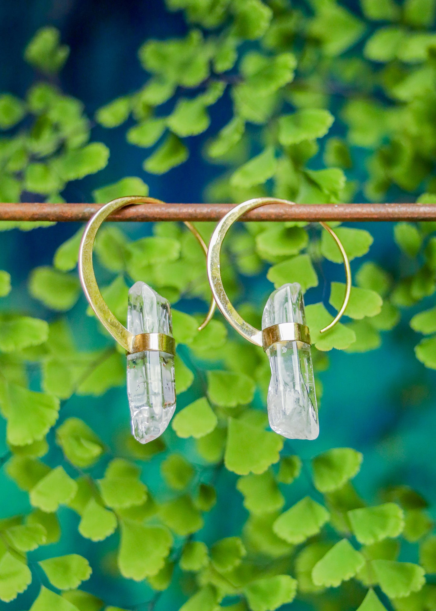 Brass Crystal Point Hoops | Druzy Gemstone Earrings