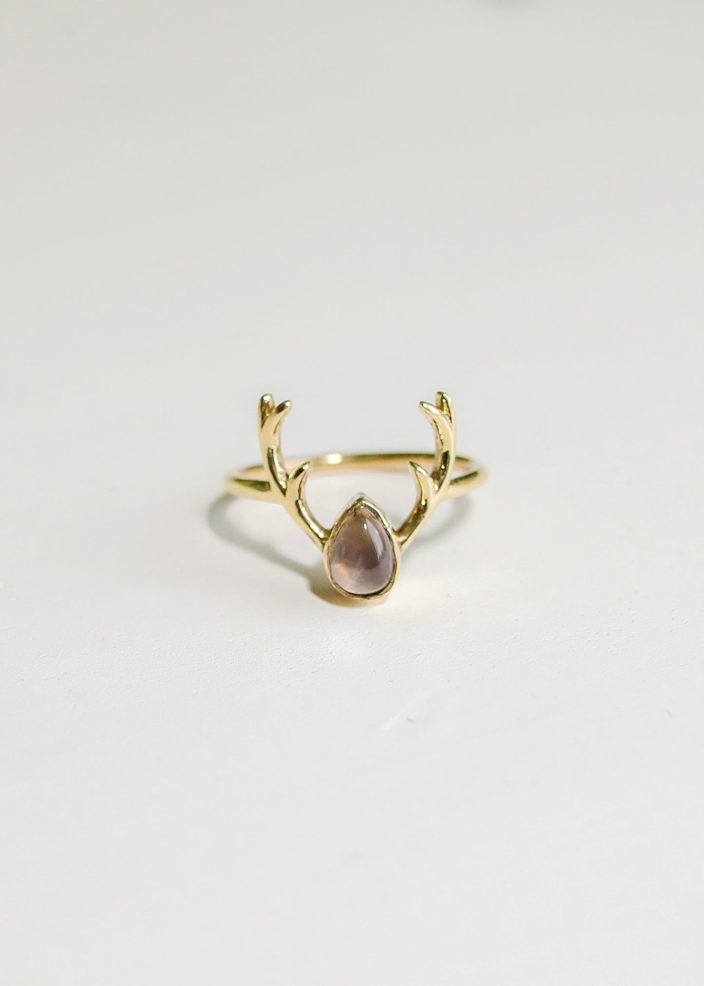 Deer Antler Ring | Brass Stag with Teardrop Gemstone | Rainbow Moonstone Onyx Chalcedony | Boho Fairycore Elven Whimsical | Animal Horn Gem