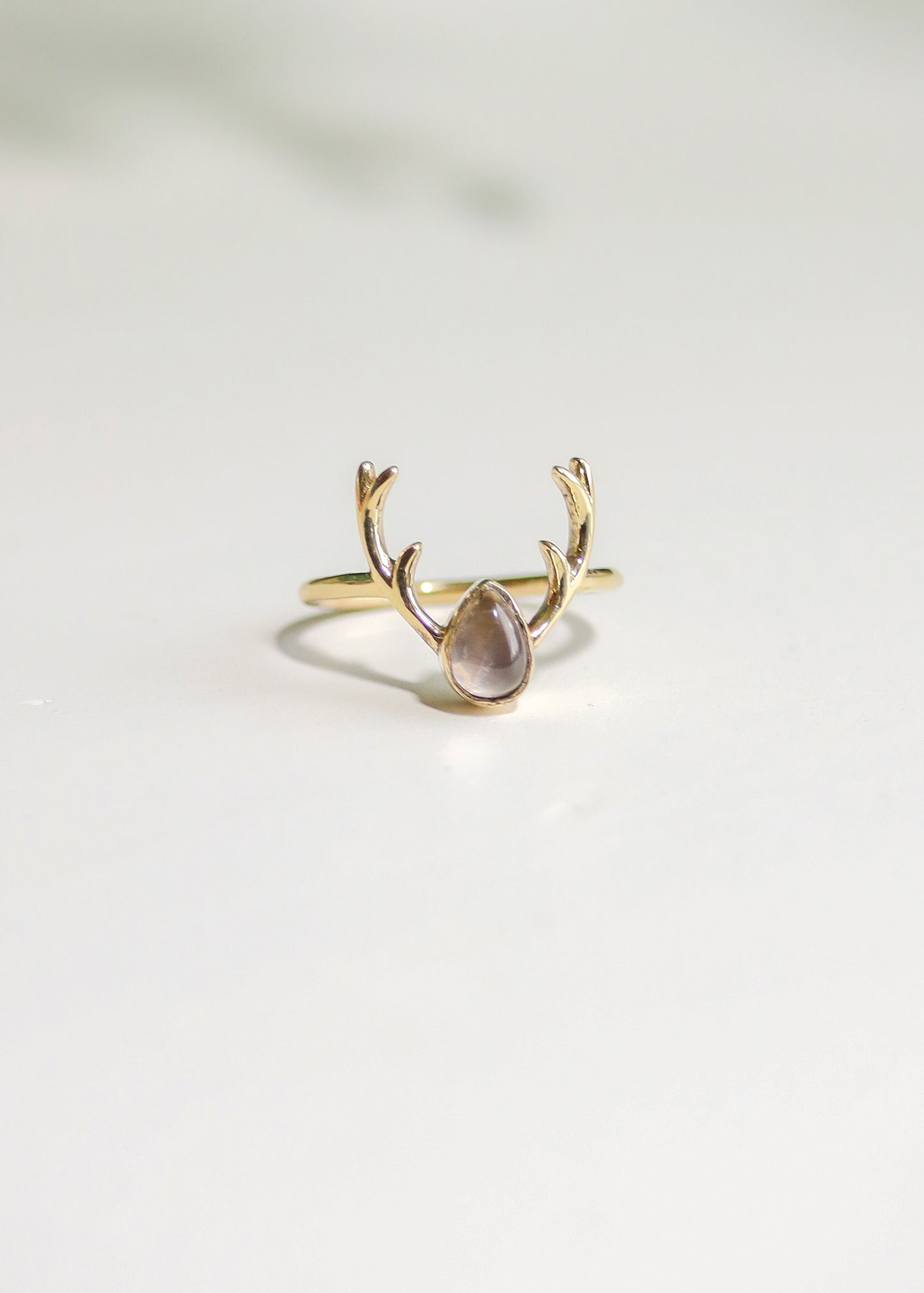 Deer Antler Ring | Brass Stag with Teardrop Gemstone | Rainbow Moonstone Onyx Chalcedony | Boho Fairycore Elven Whimsical | Animal Horn Gem