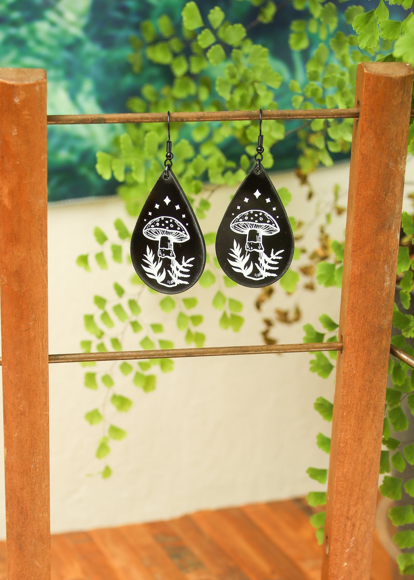 Black Acrylic Earrings | Mushroom Teardrop Jewelry | Witch Goth Whimsy Fantasy Charm | Mushroomcore Dark Academia Mycology Amanita Dangles