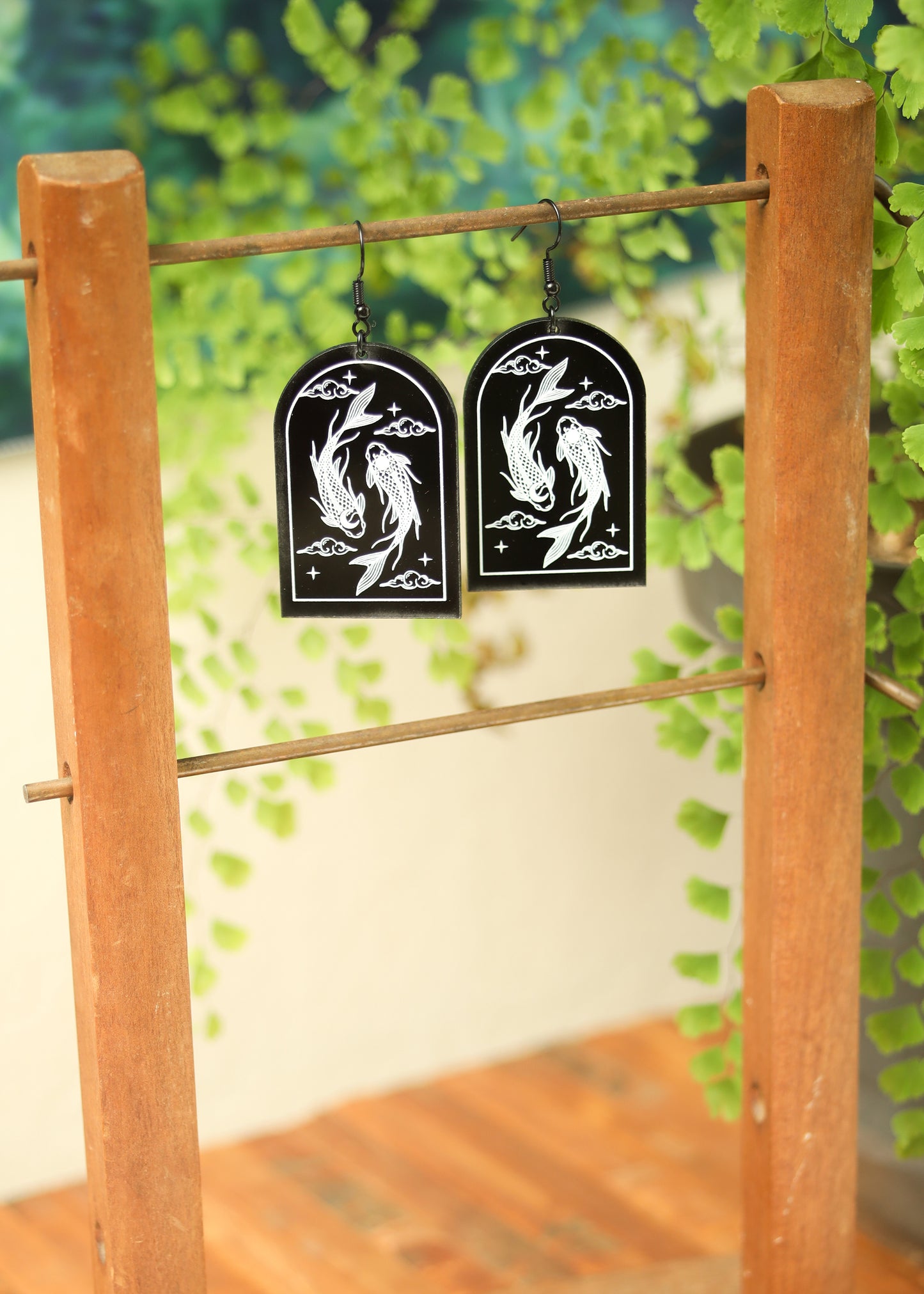 Black Acrylic Earrings | Carp Yin Yang Fish Jewelry | Witch Goth Tarot Fantasy Charm | Spiritual Koi Dark Academia Arch Japanese Chinese