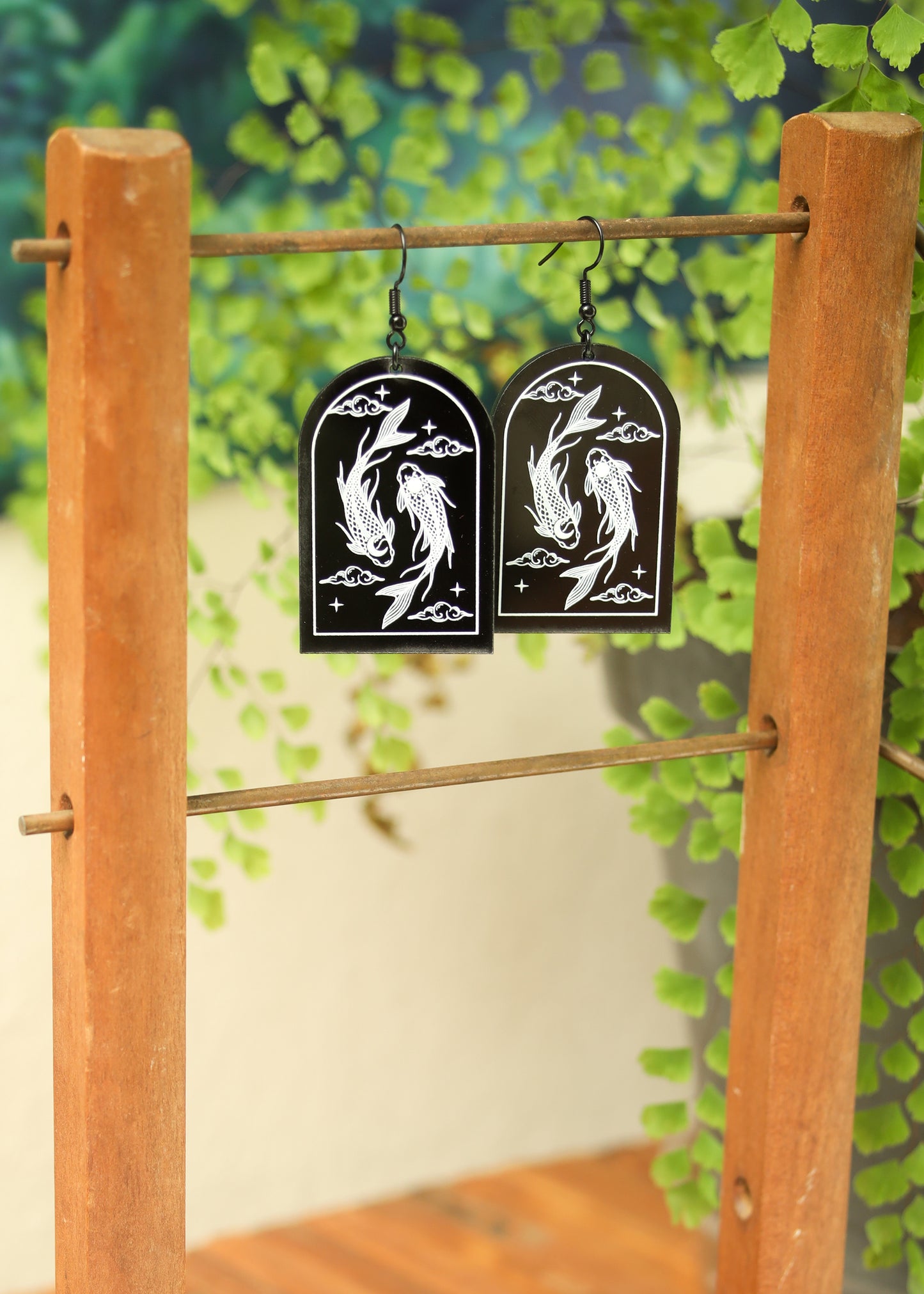 Black Acrylic Earrings | Carp Yin Yang Fish Jewelry | Witch Goth Tarot Fantasy Charm | Spiritual Koi Dark Academia Arch Japanese Chinese