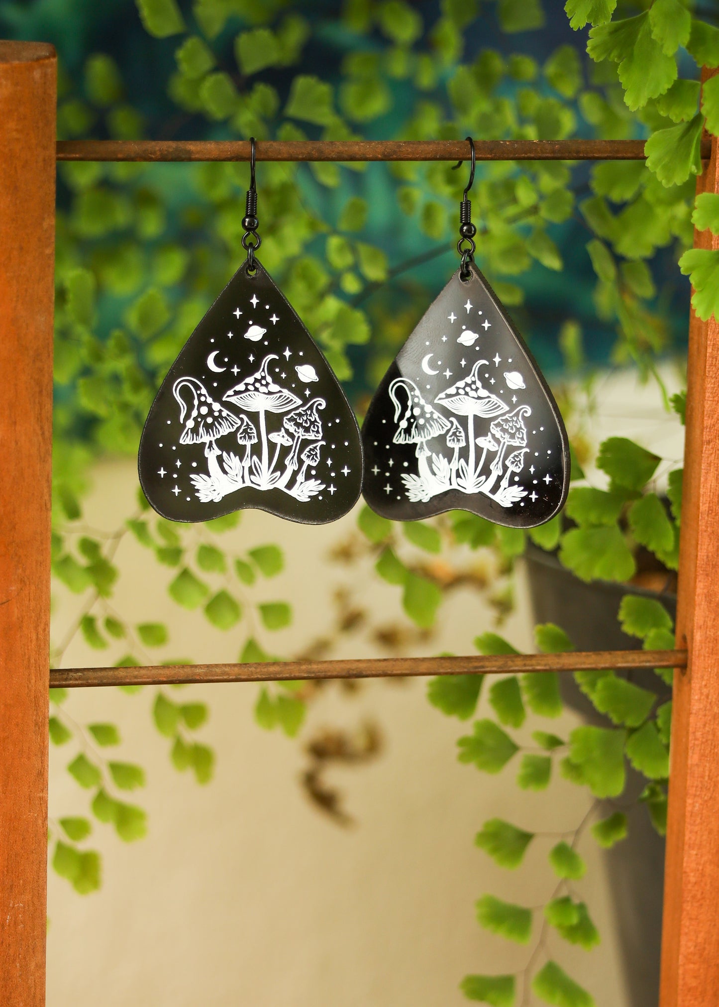 Black Acrylic Earrings | Trippy Celestial Mushroom Jewelry | Witch Goth Psychedelic Fantasy Charm | Whimsical Mystical Planchette Dangles