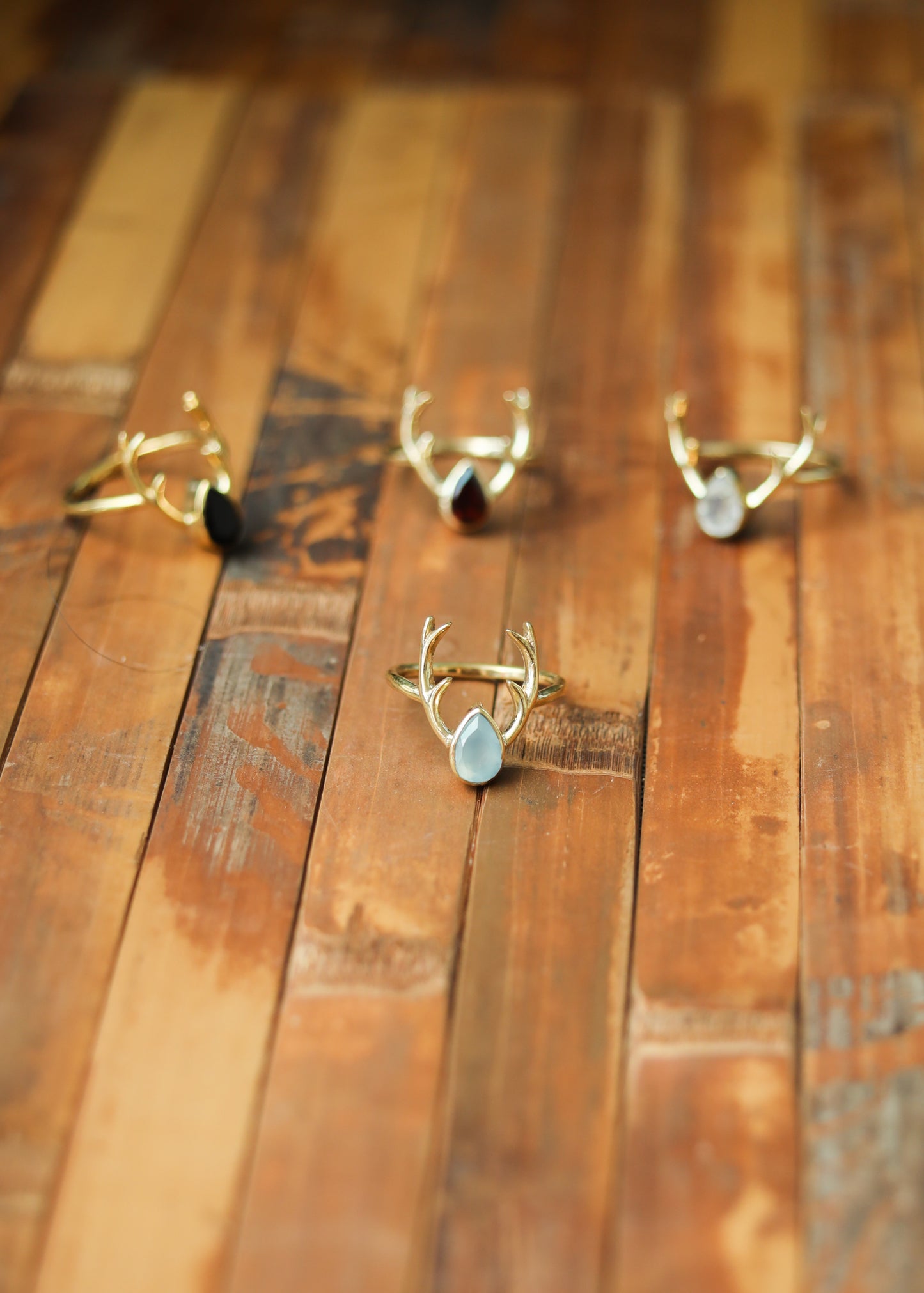 Deer Antler Ring | Brass Stag with Teardrop Gemstone | Rainbow Moonstone Onyx Chalcedony | Boho Fairycore Elven Whimsical | Animal Horn Gem