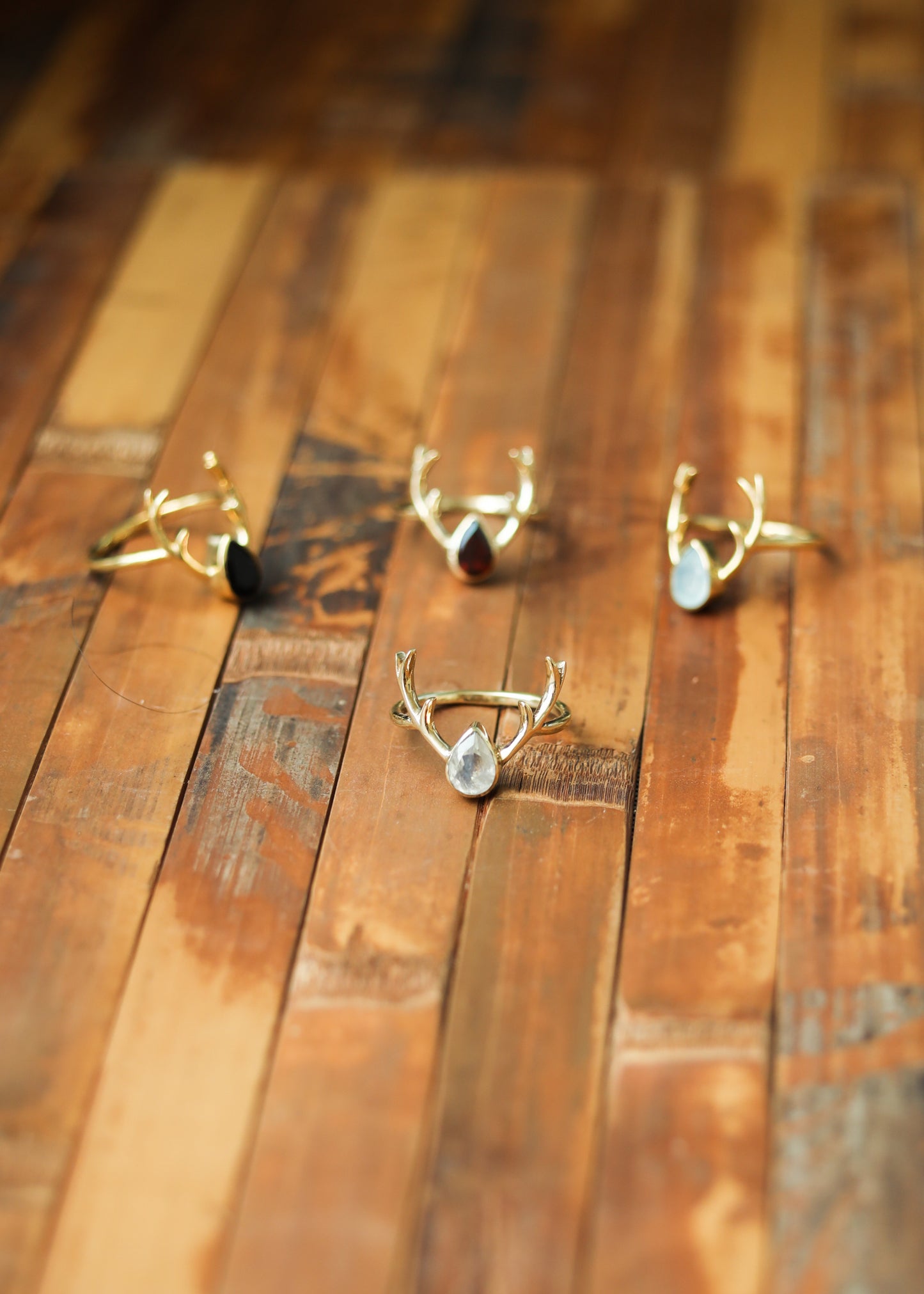 Deer Antler Ring | Brass Stag with Teardrop Gemstone | Rainbow Moonstone Onyx Chalcedony | Boho Fairycore Elven Whimsical | Animal Horn Gem