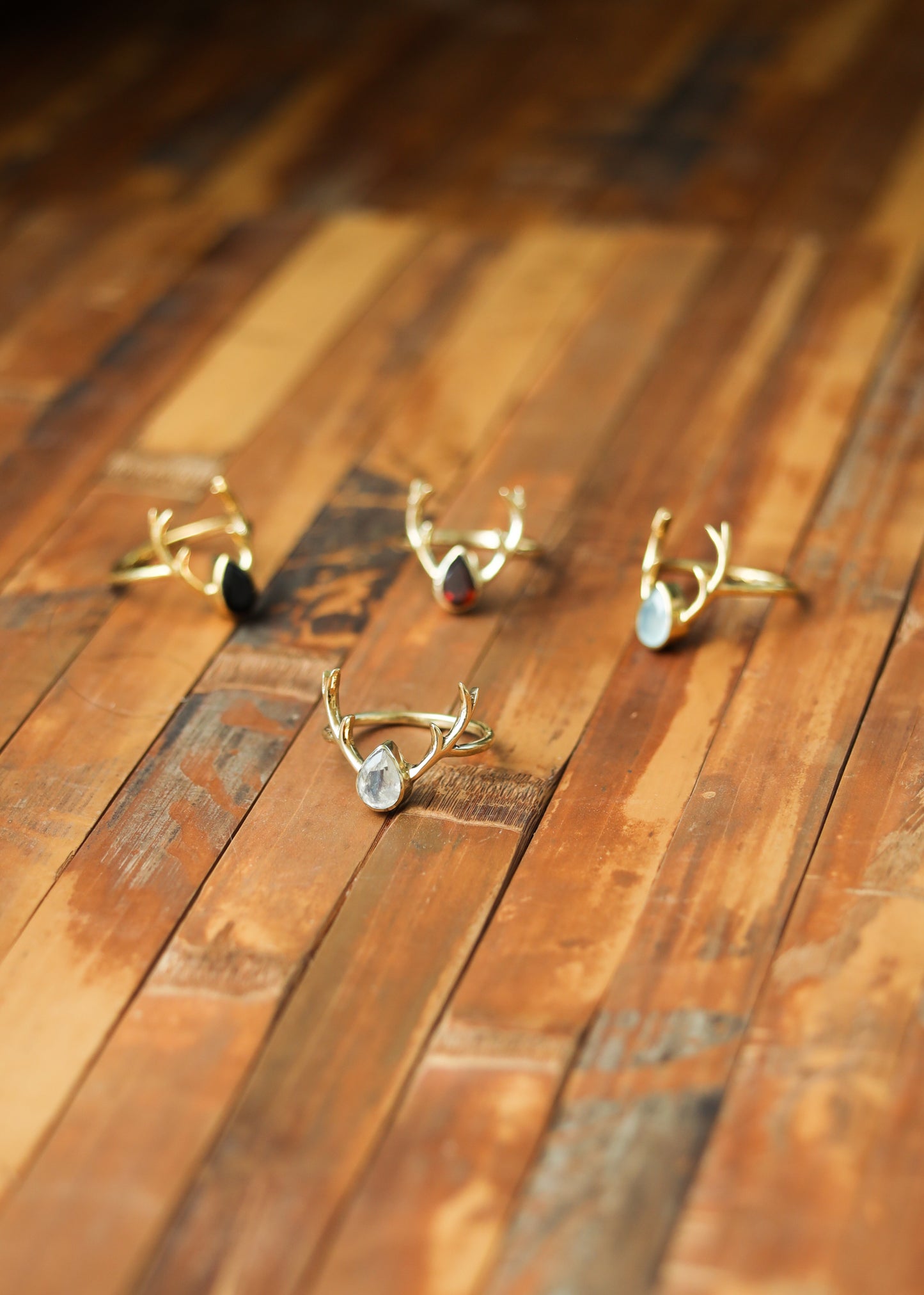 Deer Antler Ring | Brass Stag with Teardrop Gemstone | Rainbow Moonstone Onyx Chalcedony | Boho Fairycore Elven Whimsical | Animal Horn Gem