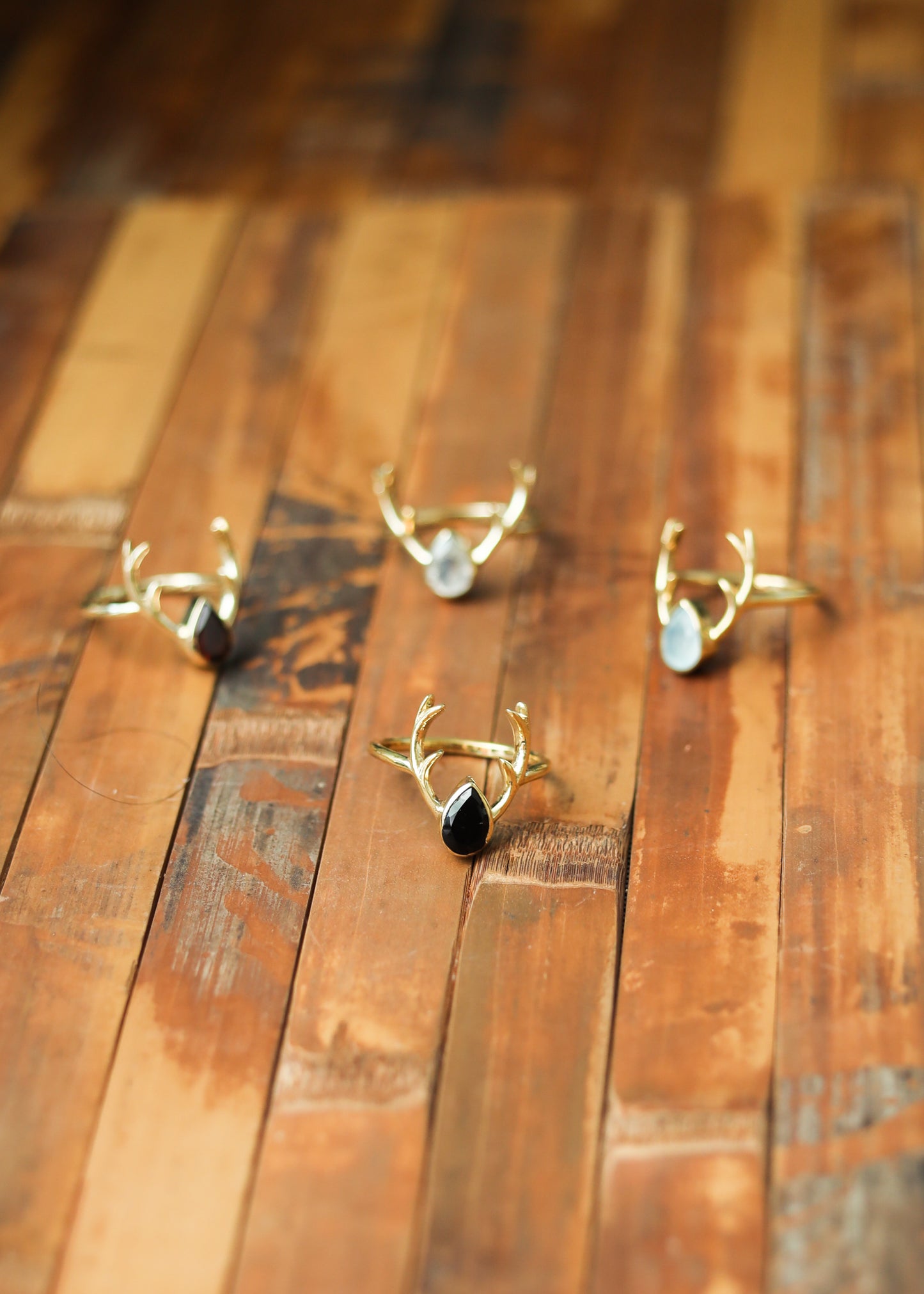 Deer Antler Ring | Brass Stag with Teardrop Gemstone | Rainbow Moonstone Onyx Chalcedony | Boho Fairycore Elven Whimsical | Animal Horn Gem