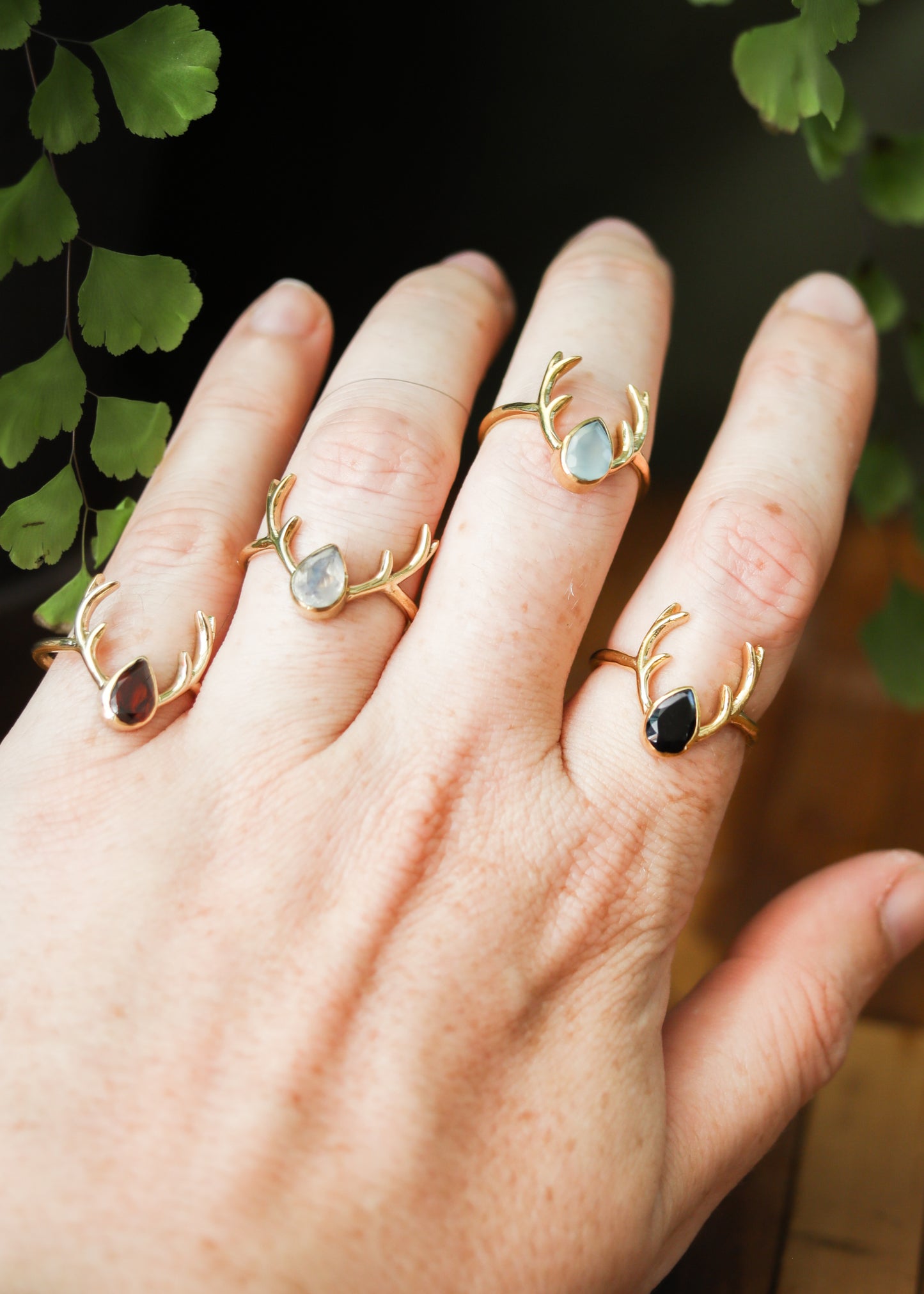 Deer Antler Ring | Brass Stag with Teardrop Gemstone | Rainbow Moonstone Onyx Chalcedony | Boho Fairycore Elven Whimsical | Animal Horn Gem