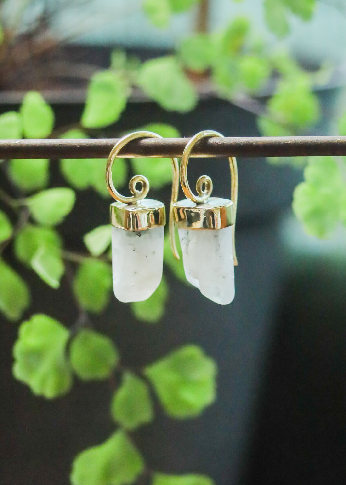 Gemstone Lantern Earrings | Brass Stone Druzy Crystal Spiral Drops | Fairycore Elven Fantasy Jewelry | Minimalist Geometric Boho Goddess