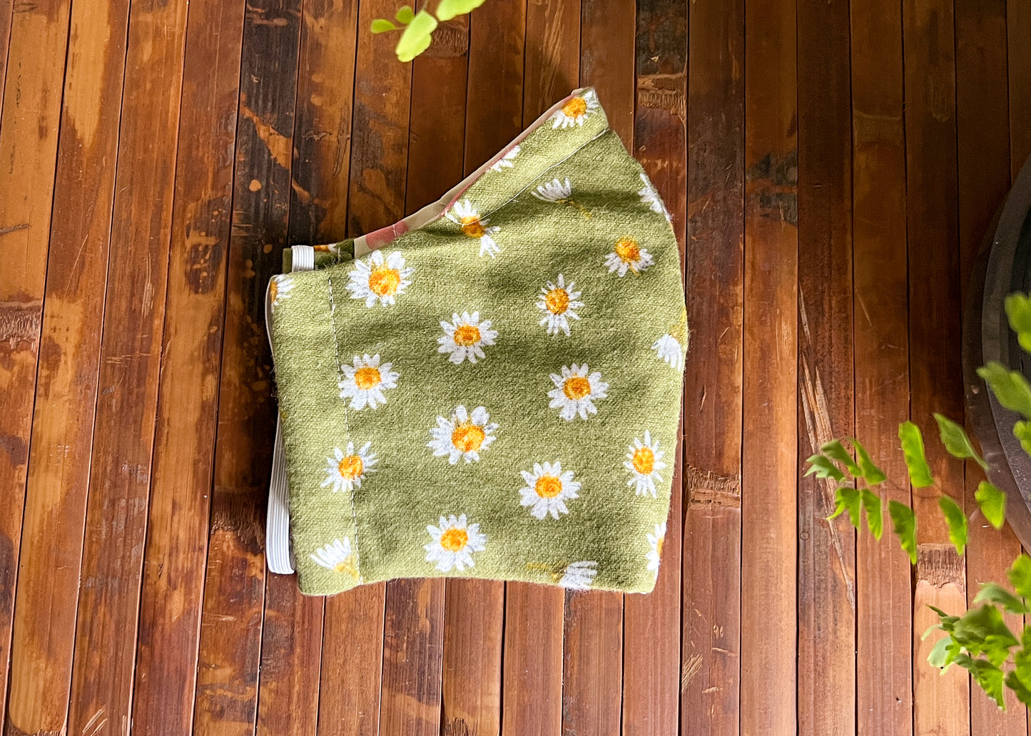 Floral Flannel Face Mask | Green Daisy Flowers Flannel Cotton Dust Covering | Fitted Washable Reusable Handmade | Nose Wire Filter Pocket