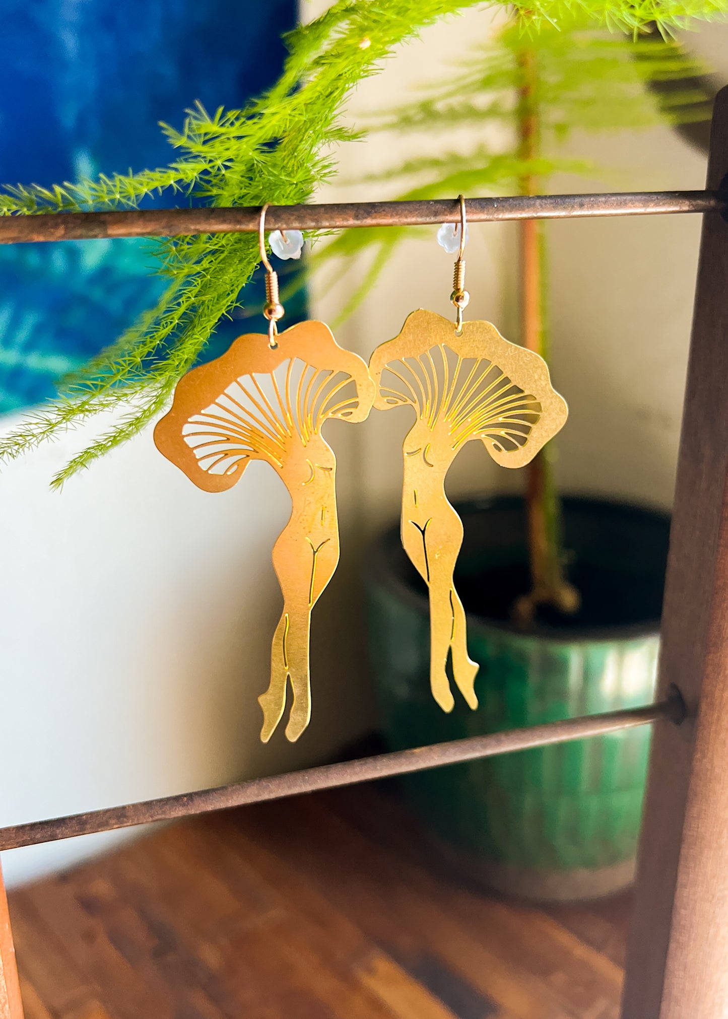Mushroom Lady Earrings | Brass Gold Tone Stainless Steel Silver Dangles | Cottagecore Mushroomcore Metal Cut Out Charm Jewelry
