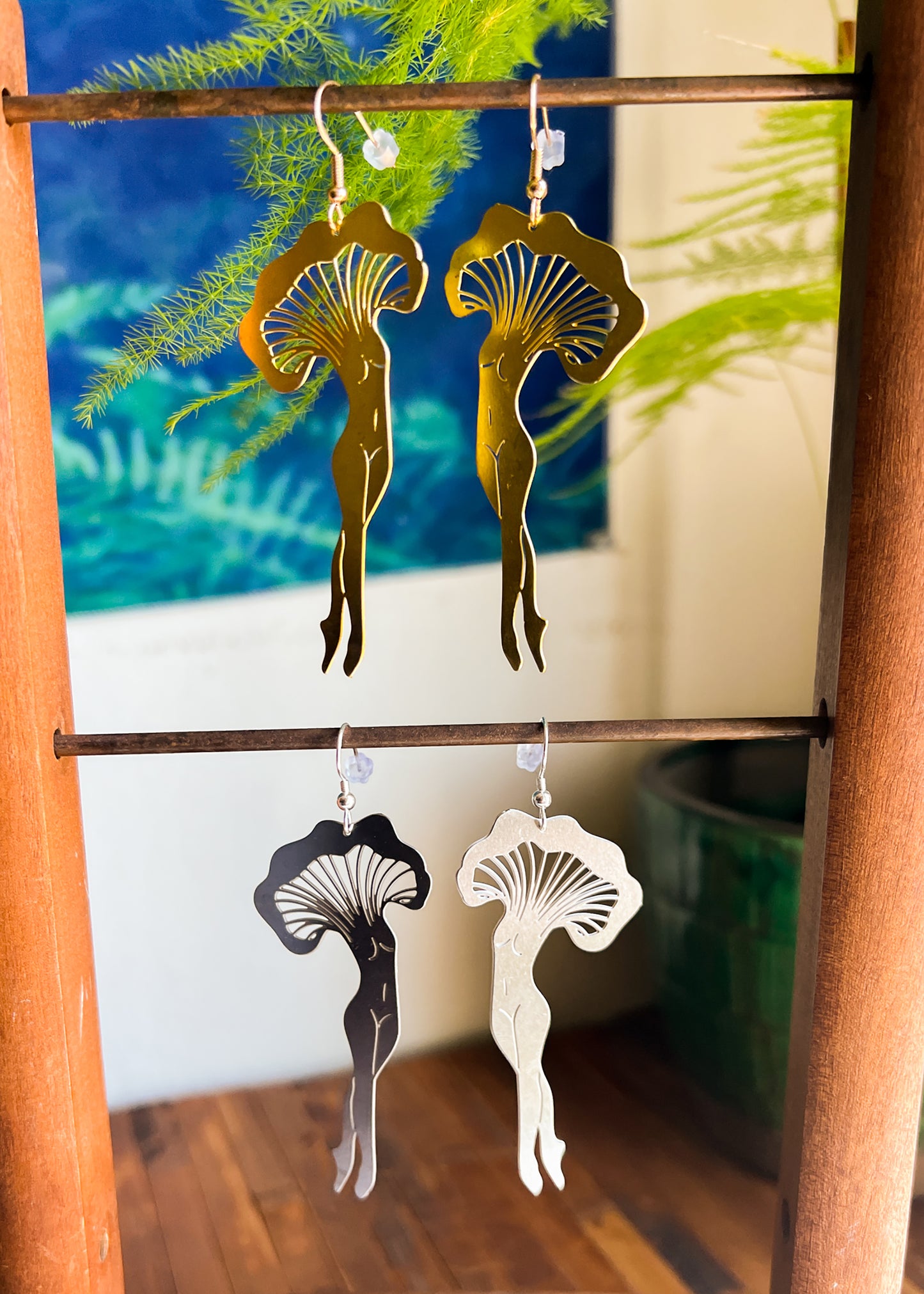 Mushroom Lady Earrings | Brass Gold Tone Stainless Steel Silver Dangles | Cottagecore Mushroomcore Metal Cut Out Charm Jewelry