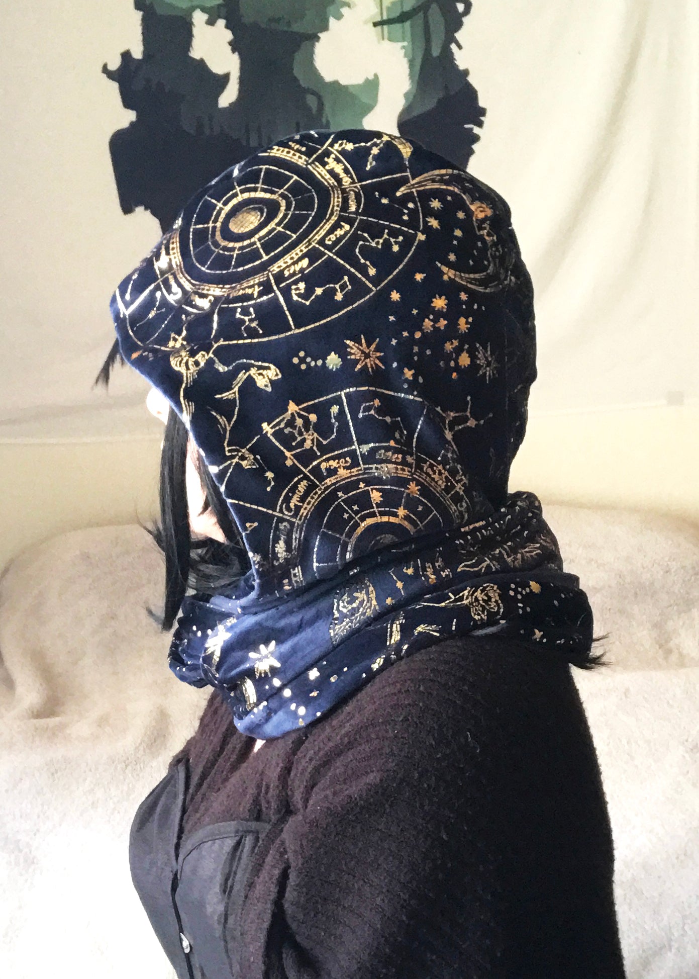 Plush Infinity Scarf | Celestial Gold Zodiac Cowl Hood | Astrology Head Wrap Neck Warmer Snood | Soft Cozy Galaxy Space Holiday Gifts