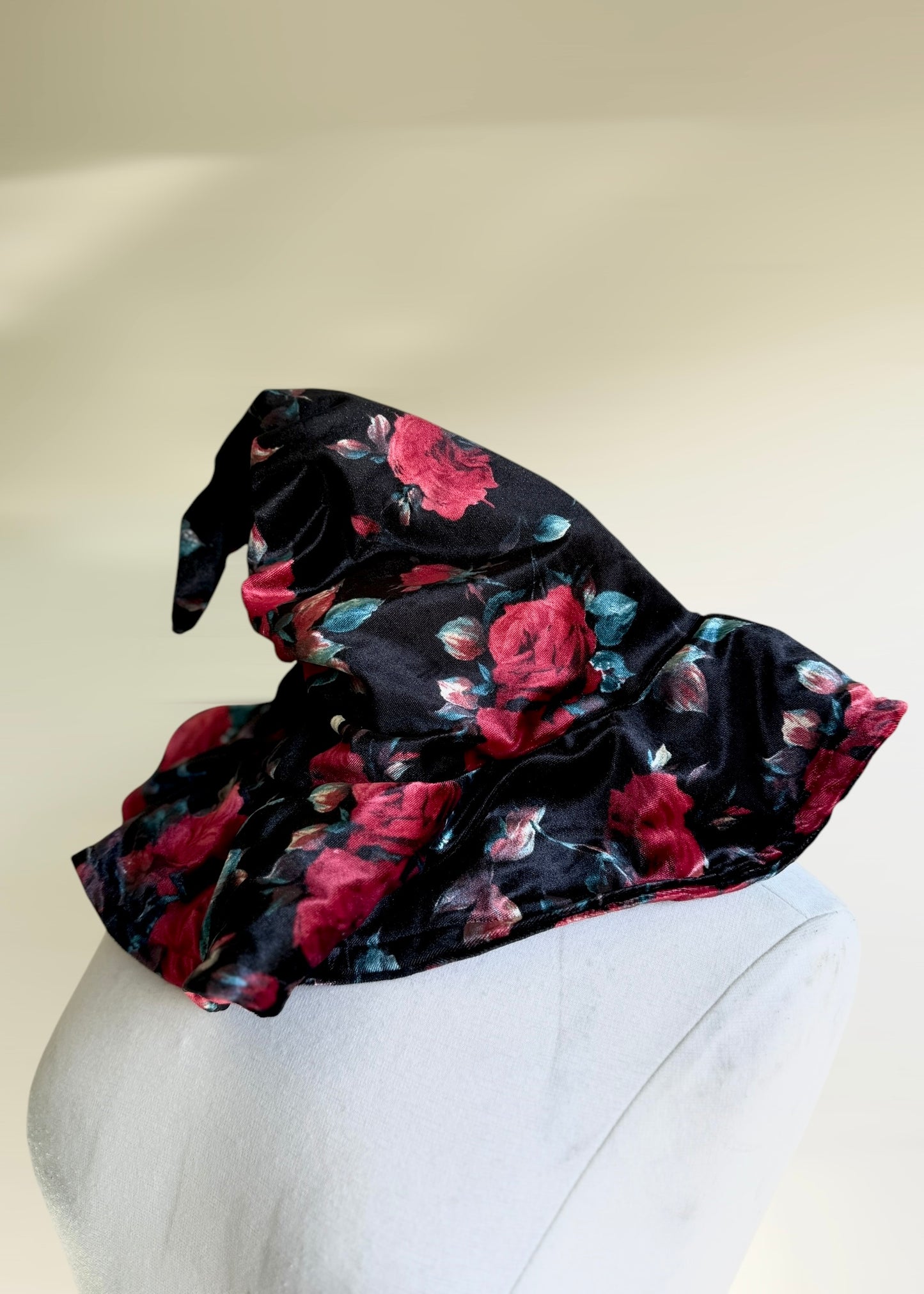 Slouchy Witch Hat | Witchy Halloween Wizard Costume | Fairy Pixie Cottagecore Woodland Elven Cosplay | Floral Rose Velvet