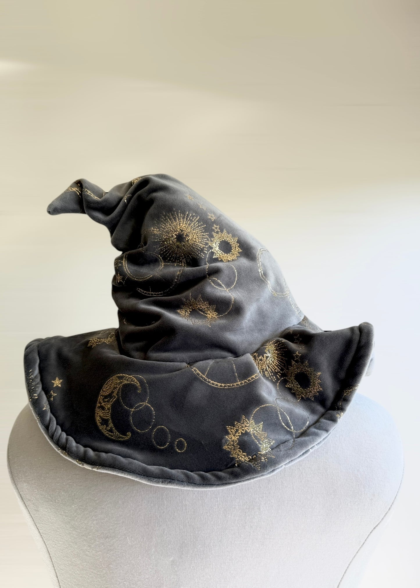 Slouchy Witch Hat | Astrology Halloween Wizard Costume | Fairy Pixie Cottagecore Woodland Elven Cosplay | Gold Grey Plush Head Accessories