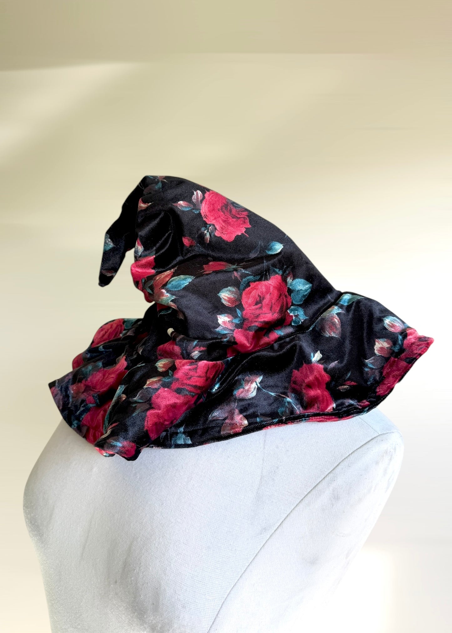Slouchy Witch Hat | Witchy Halloween Wizard Costume | Fairy Pixie Cottagecore Woodland Elven Cosplay | Floral Rose Velvet