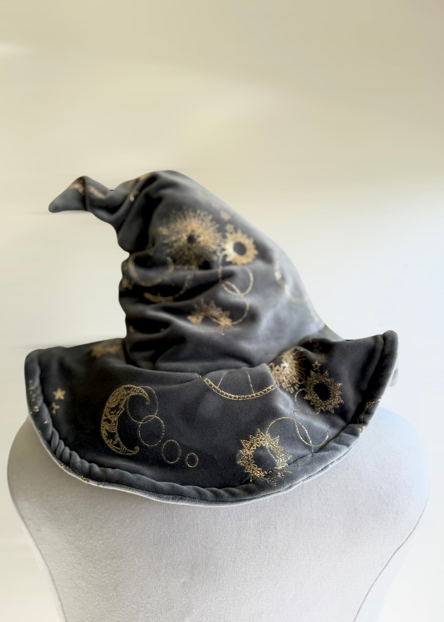 Slouchy Witch Hat | Astrology Halloween Wizard Costume | Fairy Pixie Cottagecore Woodland Elven Cosplay | Gold Grey Plush Head Accessories