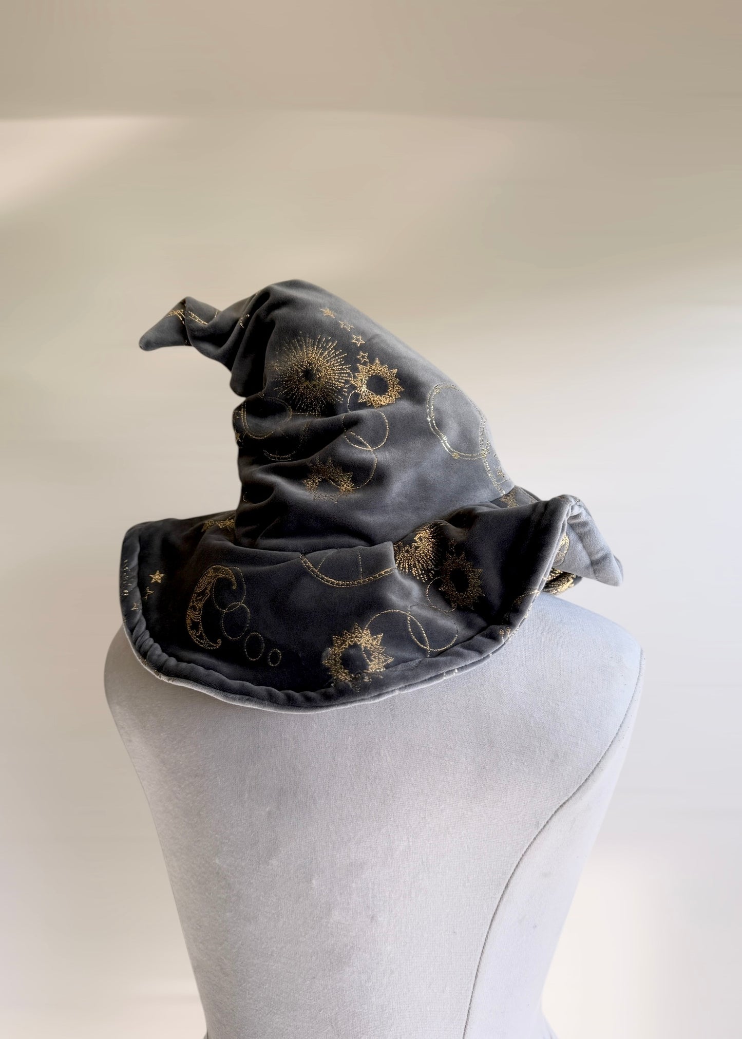 Slouchy Witch Hat | Astrology Halloween Wizard Costume | Fairy Pixie Cottagecore Woodland Elven Cosplay | Gold Grey Plush Head Accessories
