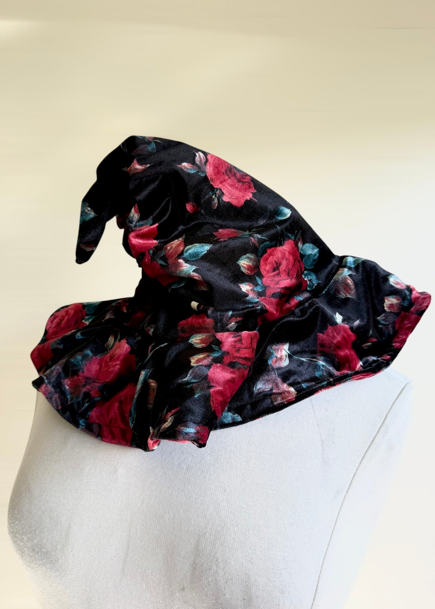 Slouchy Witch Hat | Witchy Halloween Wizard Costume | Fairy Pixie Cottagecore Woodland Elven Cosplay | Floral Rose Velvet