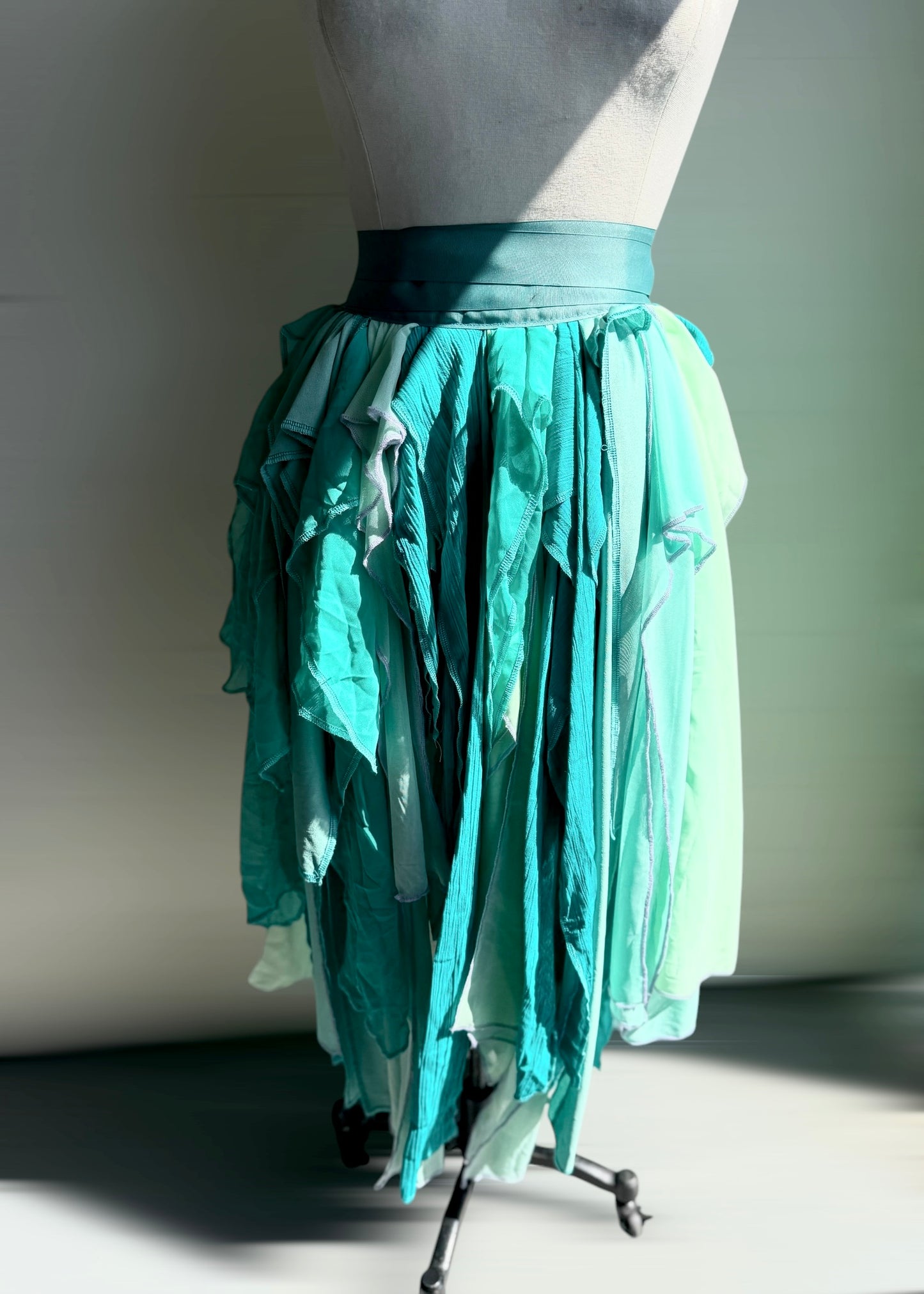 Aqua Fairy Skirt | Angel Tattered Wrap Pixie Tutu | Chiffon Lace Bustle Maxi | Boho Fairycore Whimsical | Fairy Renaissance Festivalwear