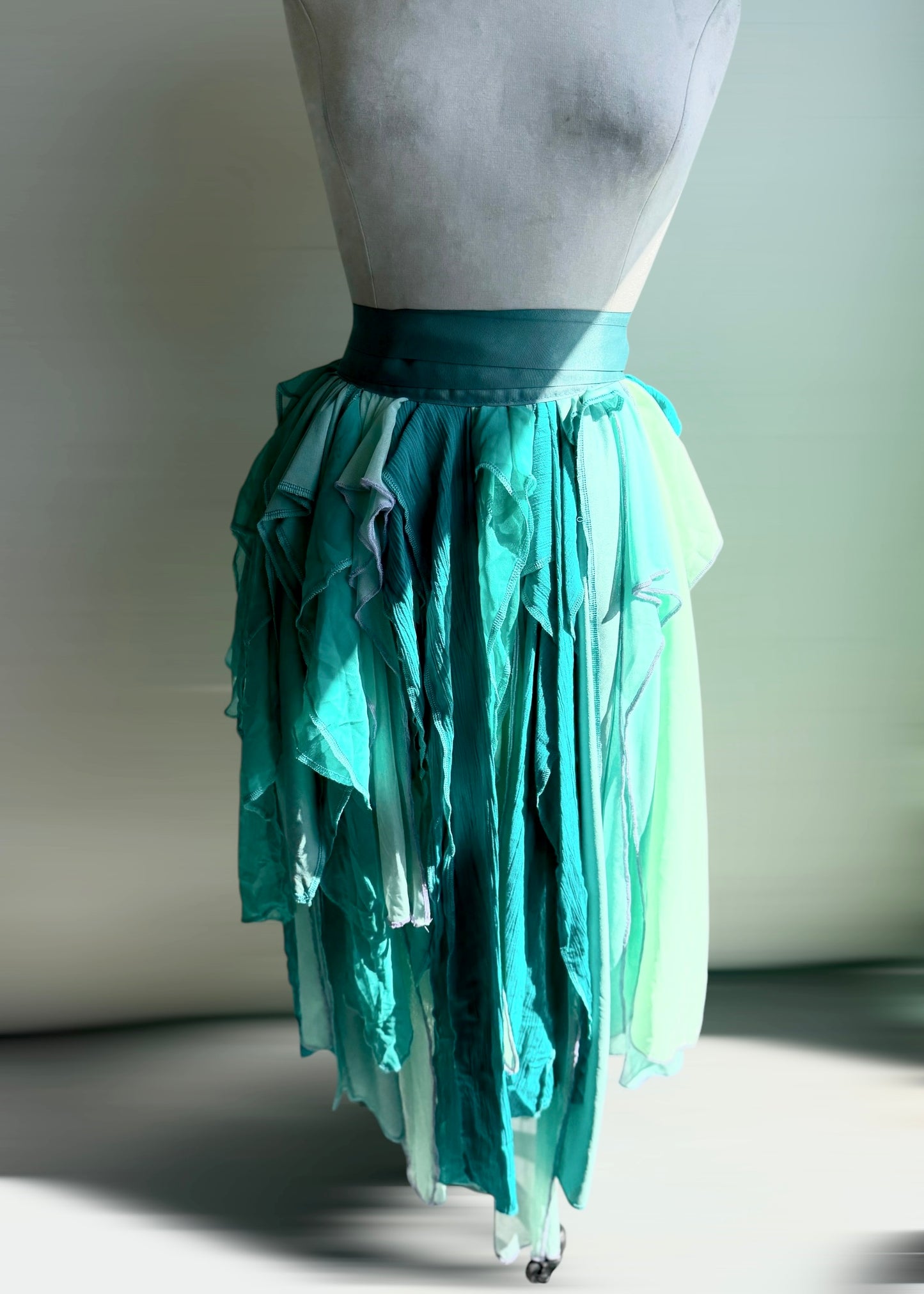 Aqua Fairy Skirt | Angel Tattered Wrap Pixie Tutu | Chiffon Lace Bustle Maxi | Boho Fairycore Whimsical | Fairy Renaissance Festivalwear