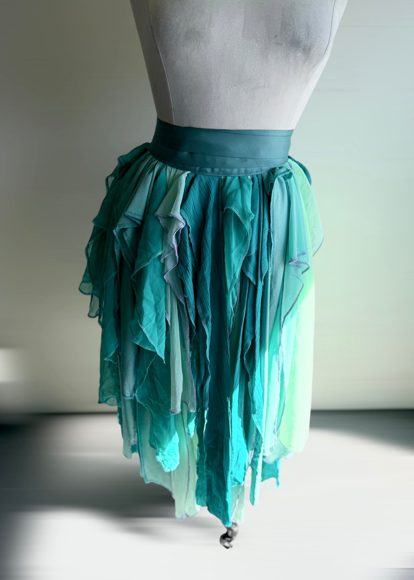 Aqua Fairy Skirt | Angel Tattered Wrap Pixie Tutu | Chiffon Lace Bustle Maxi | Boho Fairycore Whimsical | Fairy Renaissance Festivalwear