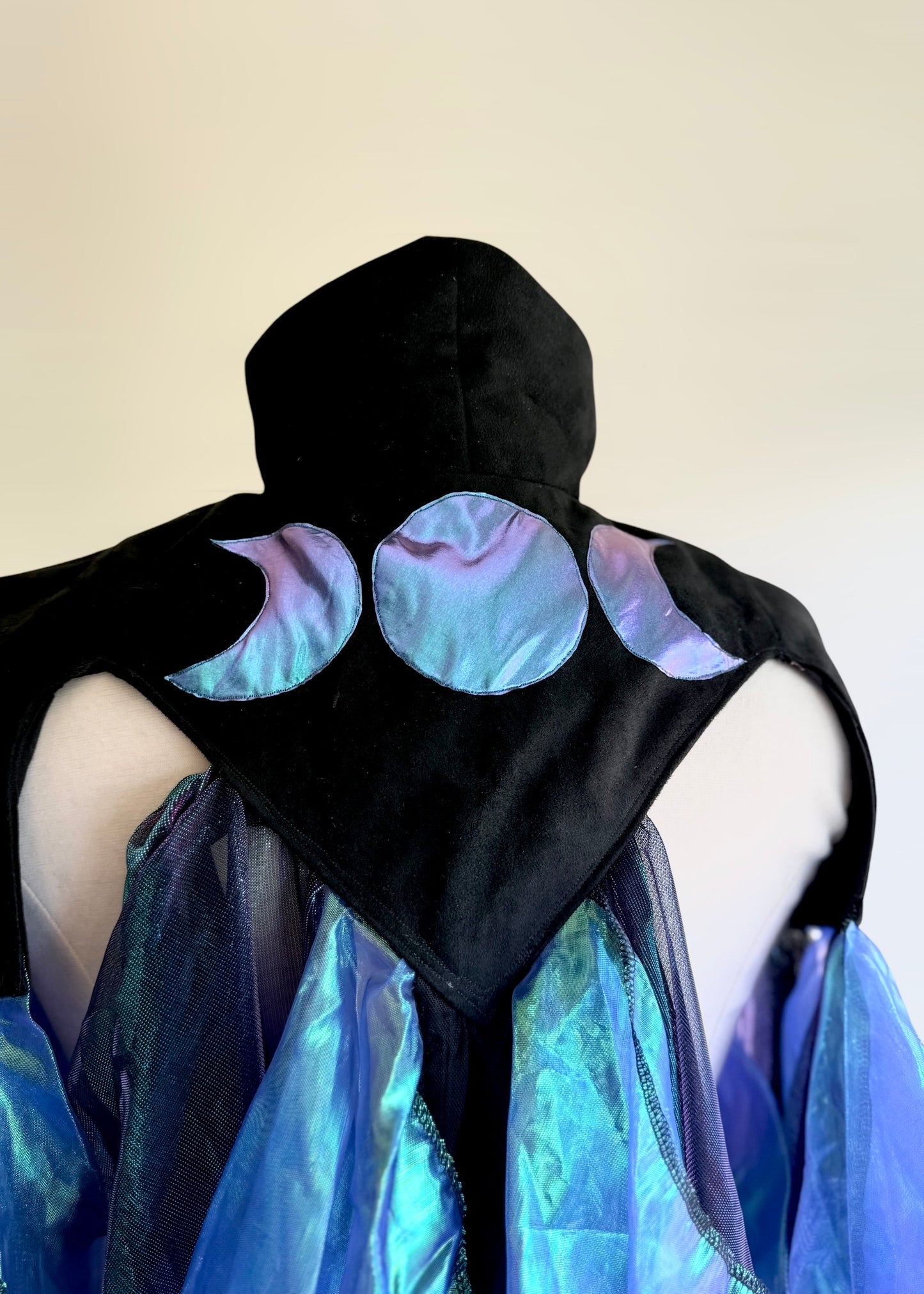 Iridescent Fairy Cape | Moon Phase Chiffon Shoulder Cape | Witch Renaissance Psytrance Playawear | Darkwear Cyberpunk Steampunk Mesh Tulle Suede