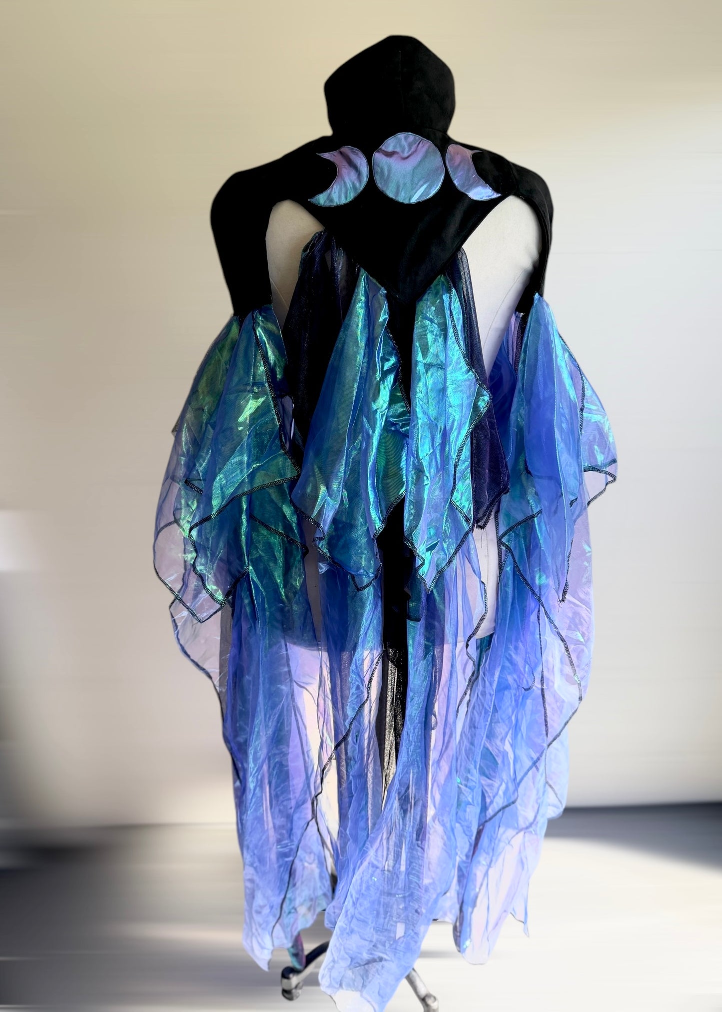 Iridescent Fairy Cape | Moon Phase Chiffon Shoulder Cape | Witch Renaissance Psytrance Playawear | Darkwear Cyberpunk Steampunk Mesh Tulle Suede