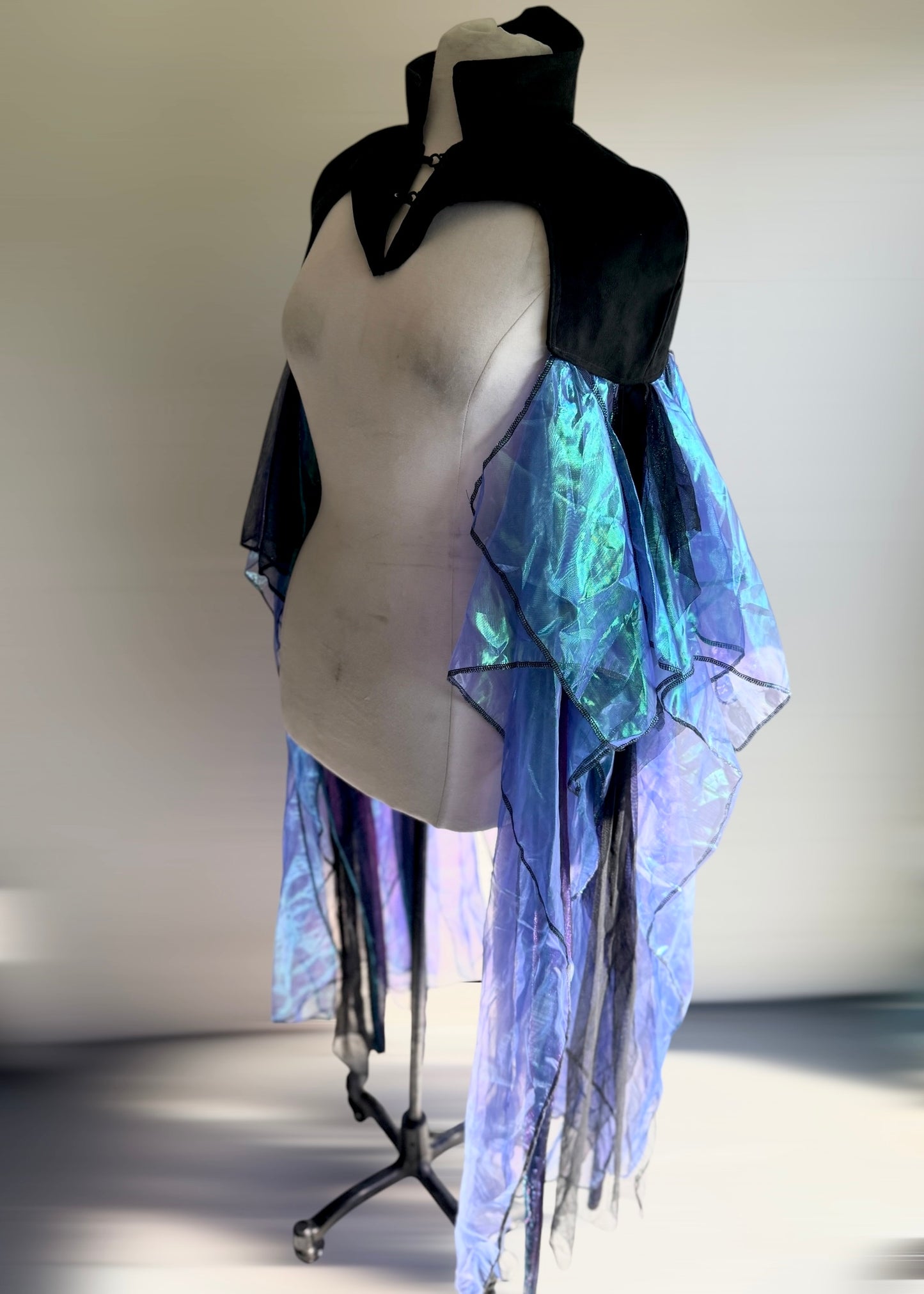 Iridescent Fairy Cape | Moon Phase Chiffon Shoulder Cape | Witch Renaissance Psytrance Playawear | Darkwear Cyberpunk Steampunk Mesh Tulle Suede
