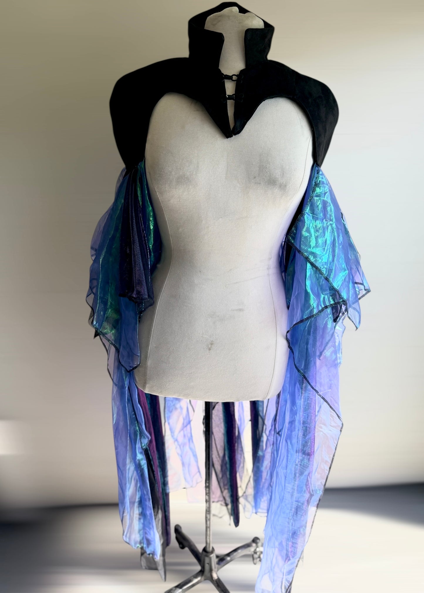 Iridescent Fairy Cape | Moon Phase Chiffon Shoulder Cape | Witch Renaissance Psytrance Playawear | Darkwear Cyberpunk Steampunk Mesh Tulle Suede