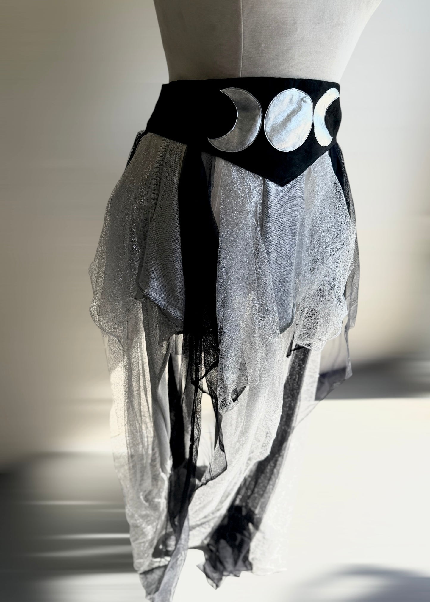 Silver Fairy Skirt | Moon Phase Gothic Wrap Tutu | Witch Renaissance Psytrance Playawear | Darkwear Cyberpunk Steampunk Mesh Tulle Suede