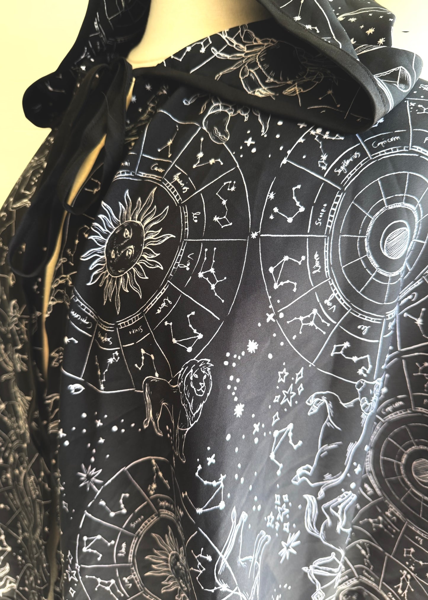 Silky Astrology Cape | White Black Galaxy Astrological Cloak | Hooded Medieval Renaissance Capelet