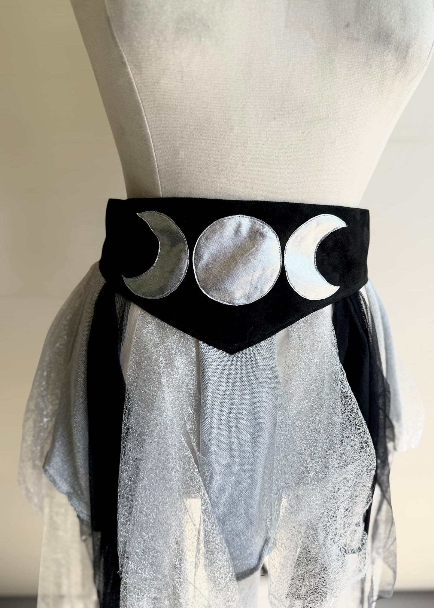Silver Fairy Skirt | Moon Phase Gothic Wrap Tutu | Witch Renaissance Psytrance Playawear | Darkwear Cyberpunk Steampunk Mesh Tulle Suede