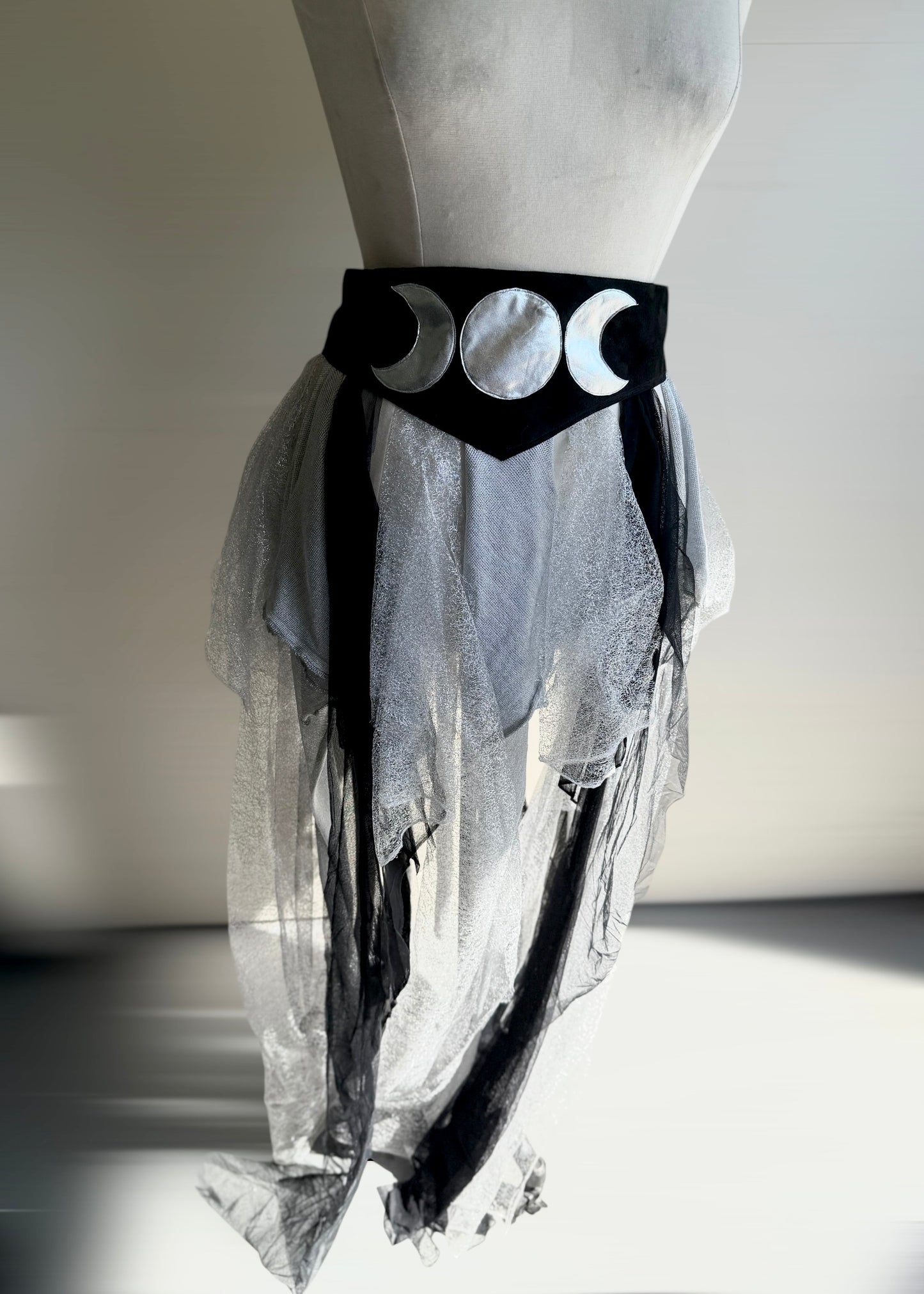 Silver Fairy Skirt | Moon Phase Gothic Wrap Tutu | Witch Renaissance Psytrance Playawear | Darkwear Cyberpunk Steampunk Mesh Tulle Suede