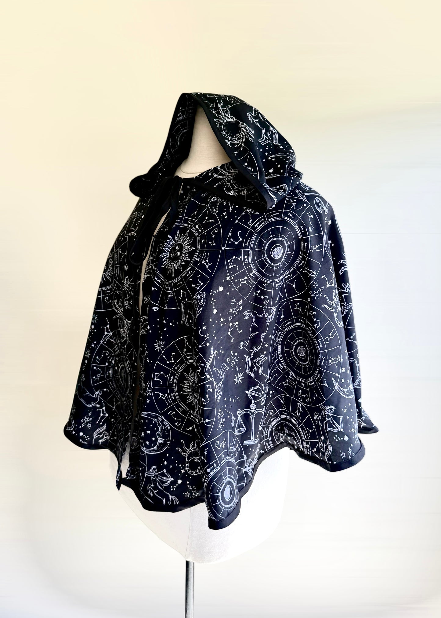 Silky Astrology Cape | White Black Galaxy Astrological Cloak | Hooded Medieval Renaissance Capelet