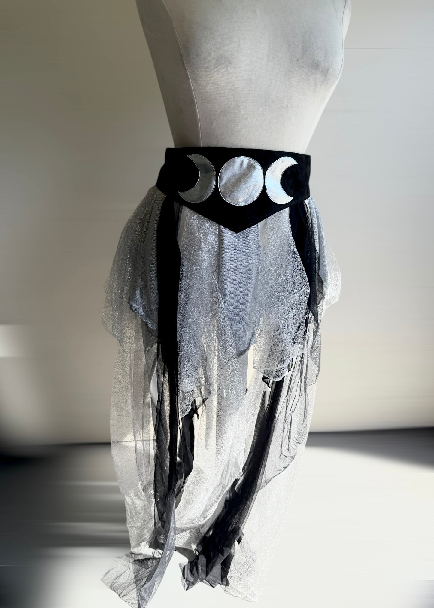Silver Fairy Skirt | Moon Phase Gothic Wrap Tutu | Witch Renaissance Psytrance Playawear | Darkwear Cyberpunk Steampunk Mesh Tulle Suede