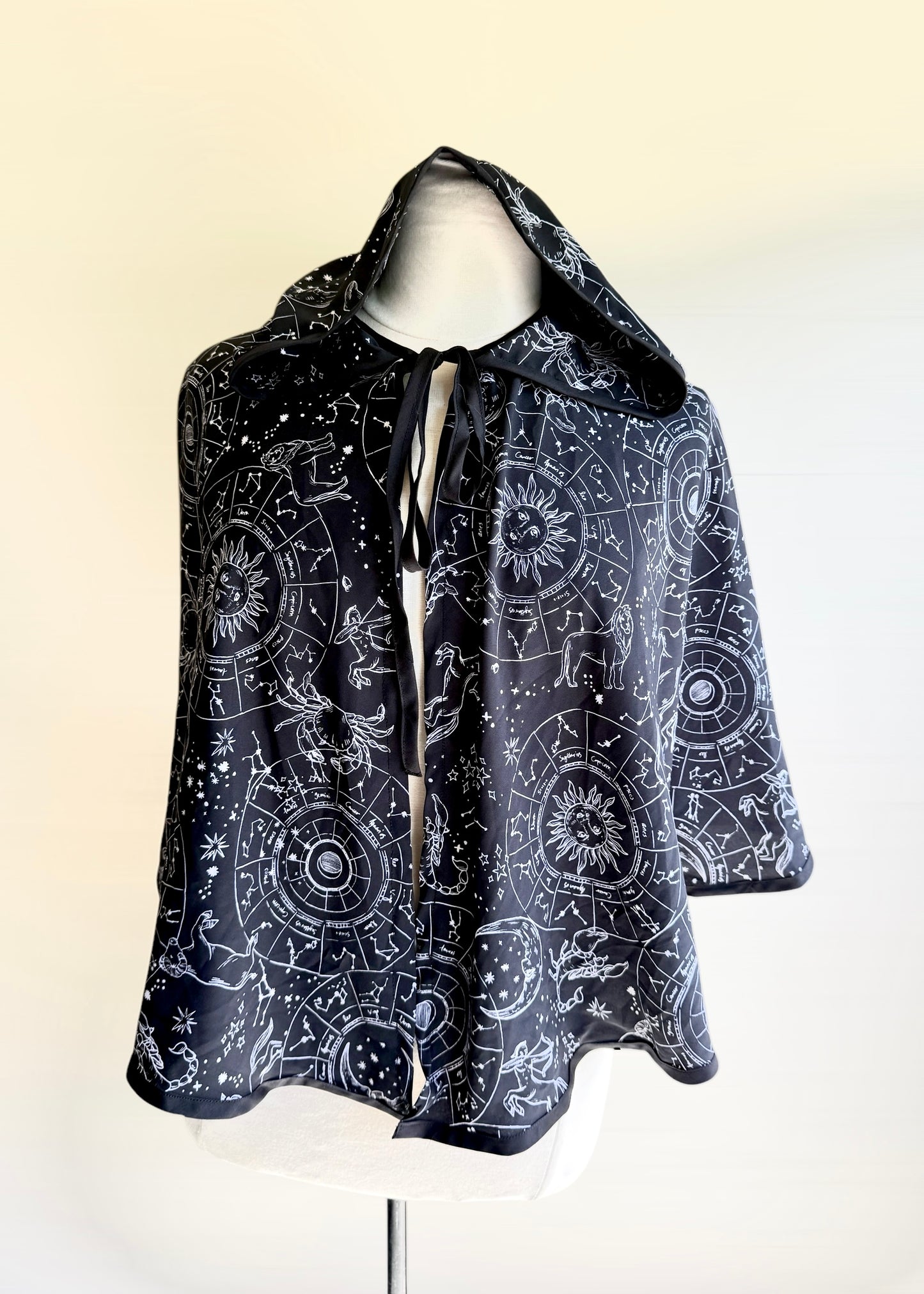 Silky Astrology Cape | White Black Galaxy Astrological Cloak | Hooded Medieval Renaissance Capelet