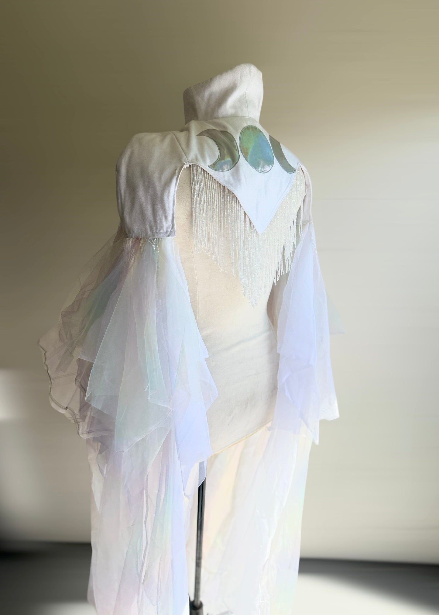 Iridescent Fairy Cape | Moon Phase Chiffon Shoulder Cape | Witch Renaissance Psytrance Playawear | Darkwear Cyberpunk Steampunk Mesh Tulle Suede
