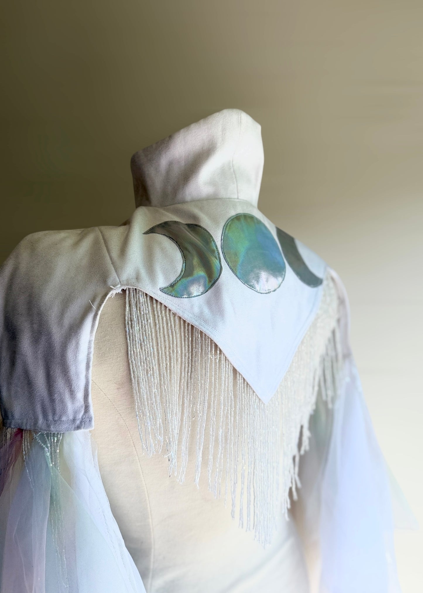 Iridescent Fairy Cape | Moon Phase Chiffon Shoulder Cape | Witch Renaissance Psytrance Playawear | Darkwear Cyberpunk Steampunk Mesh Tulle Suede