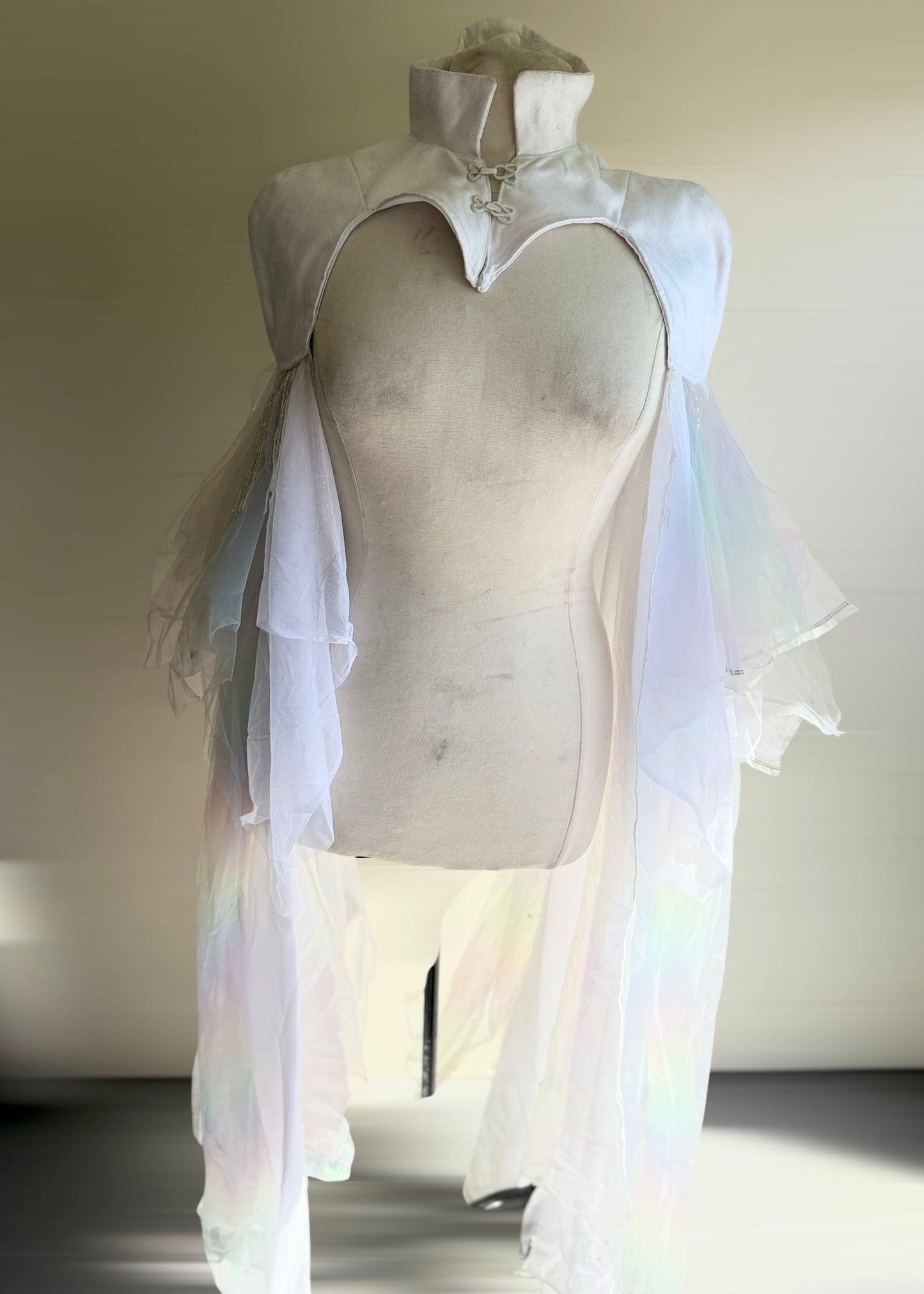 Iridescent Fairy Cape | Moon Phase Chiffon Shoulder Cape | Witch Renaissance Psytrance Playawear | Darkwear Cyberpunk Steampunk Mesh Tulle Suede