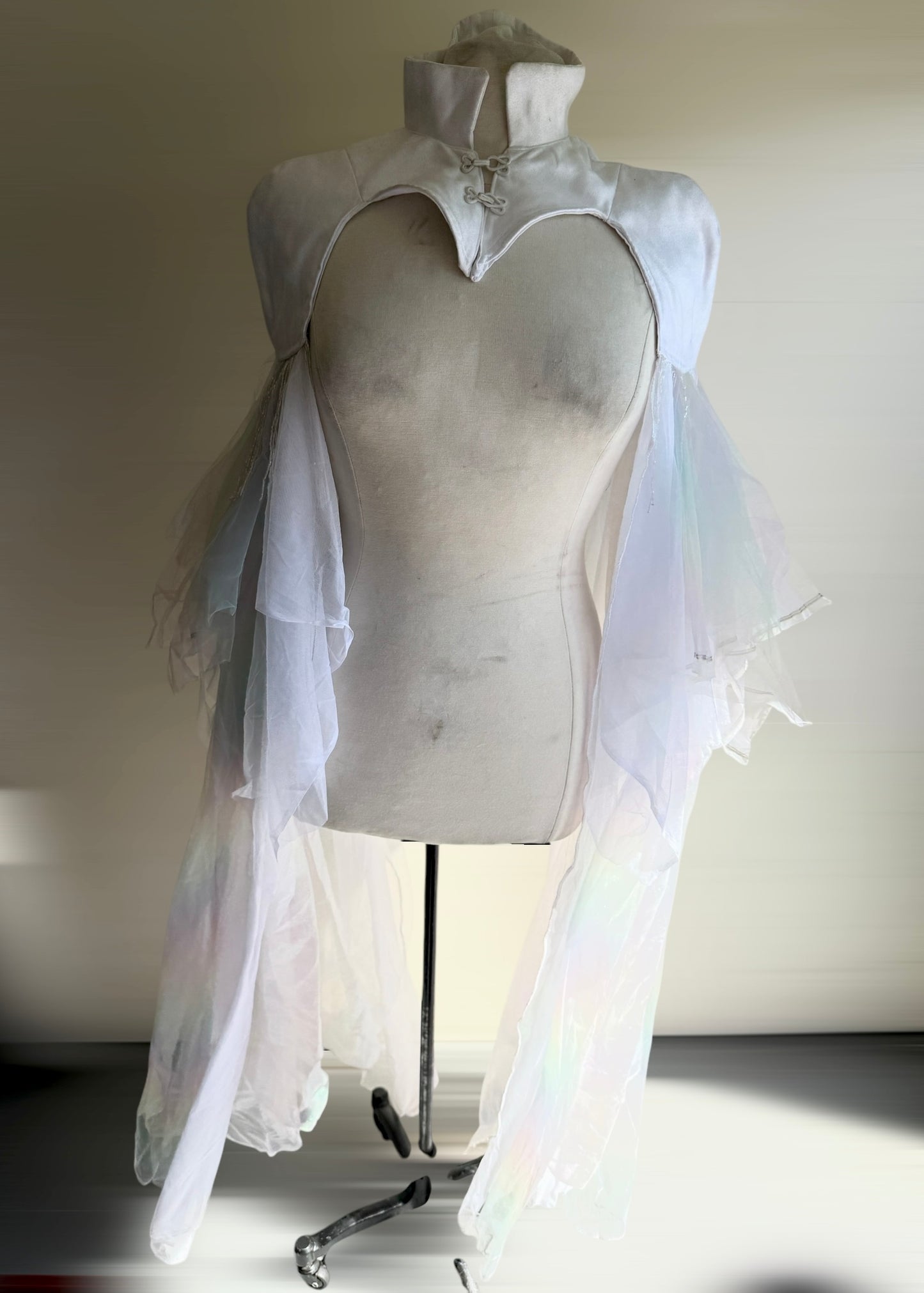 Iridescent Fairy Cape | Moon Phase Chiffon Shoulder Cape | Witch Renaissance Psytrance Playawear | Darkwear Cyberpunk Steampunk Mesh Tulle Suede
