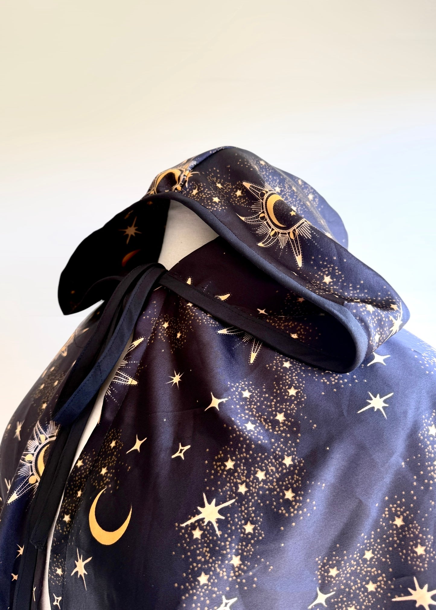 Silky Astrology Cape | Gold Black Galaxy Astrological Cloak | Hooded Medieval Renaissance Capelet