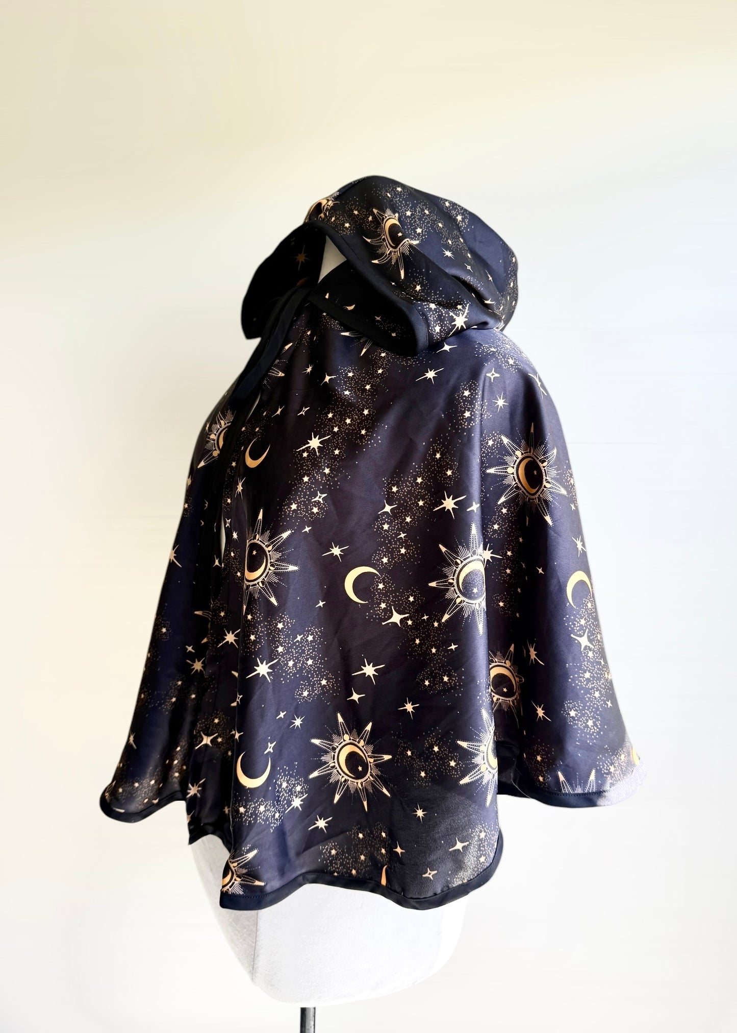 Silky Astrology Cape | Gold Black Galaxy Astrological Cloak | Hooded Medieval Renaissance Capelet