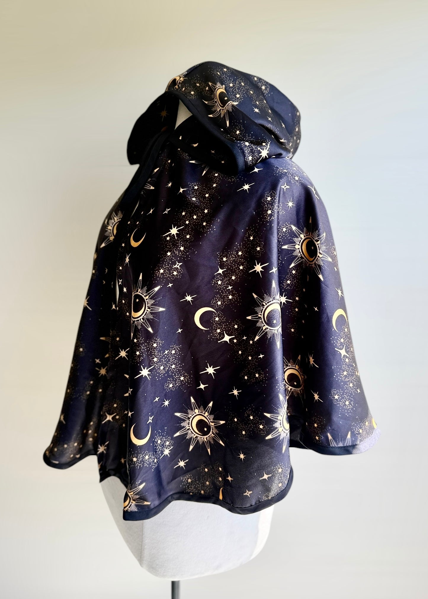 Silky Astrology Cape | Gold Black Galaxy Astrological Cloak | Hooded Medieval Renaissance Capelet