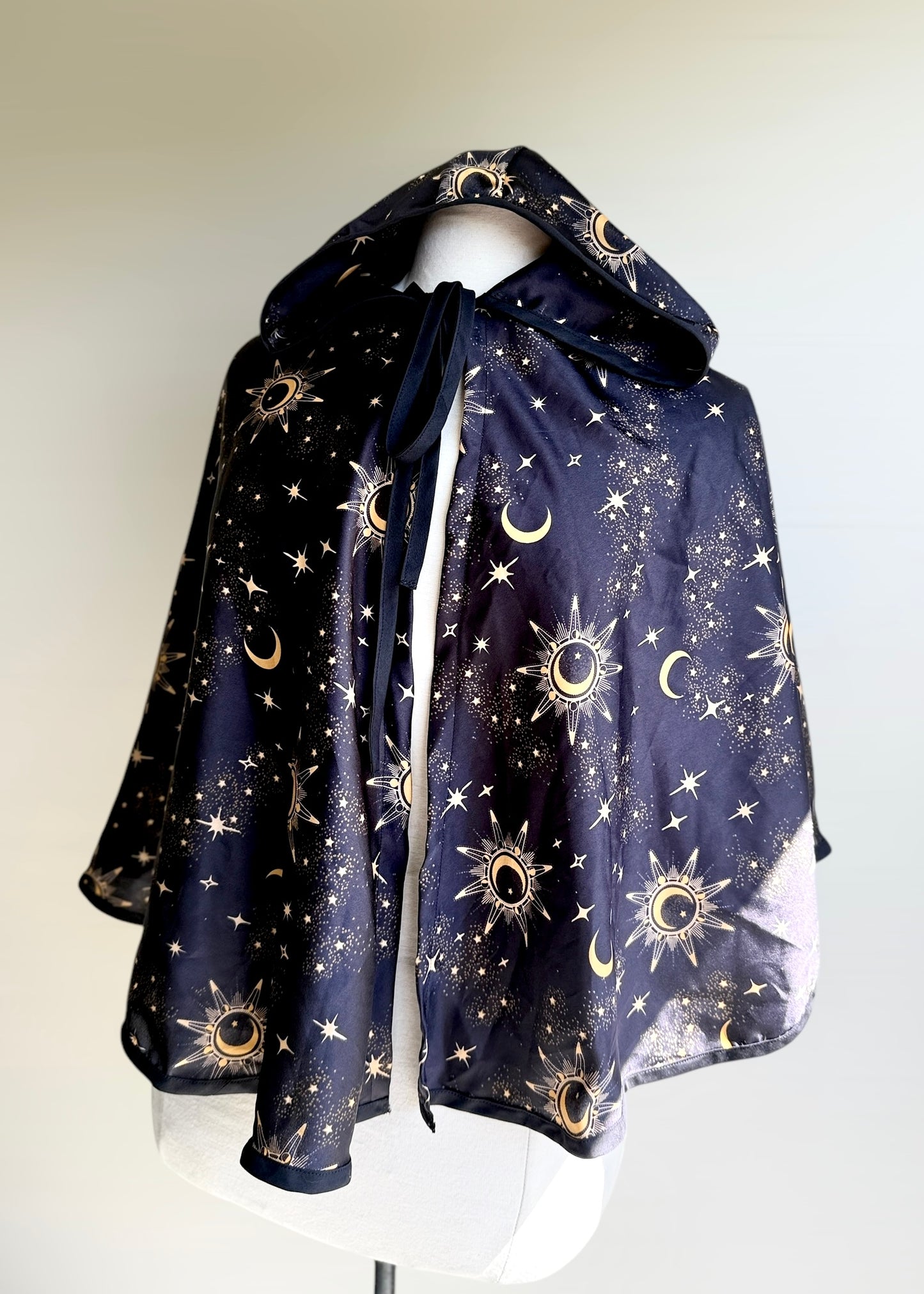 Silky Astrology Cape | Gold Black Galaxy Astrological Cloak | Hooded Medieval Renaissance Capelet