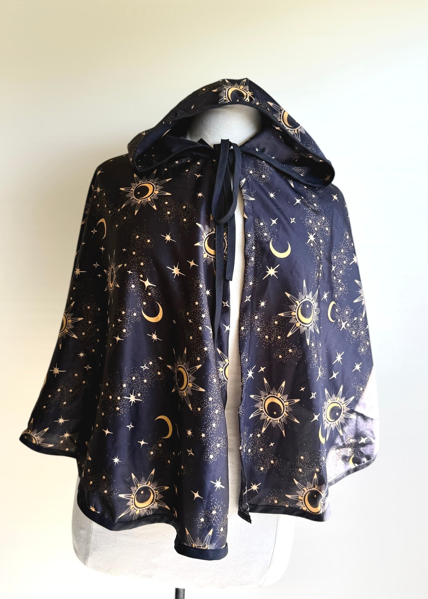 Silky Astrology Cape | Gold Black Galaxy Astrological Cloak | Hooded Medieval Renaissance Capelet