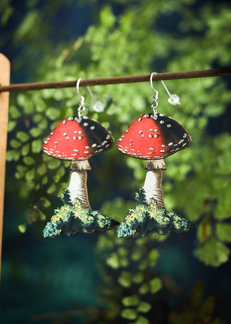 Mushroom Earrings | Retro Cottagecore Fairycore Jewelry | Woodland Wooden Laser Cut | Sterling Silver Ear Wires | Kawaii Cute Forest Fungi