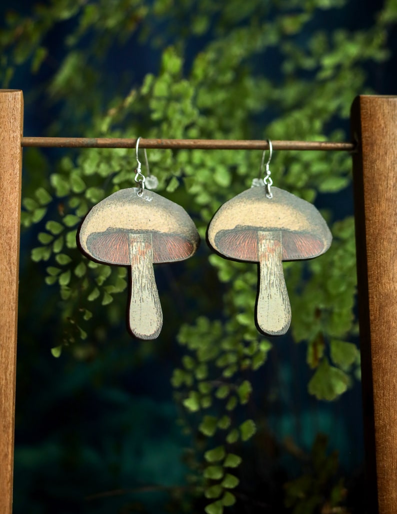 Mushroom Earrings | Retro Cottagecore Fairycore Jewelry | Woodland Wooden Laser Cut | Sterling Silver Ear Wires | Kawaii Cute Forest Fungi