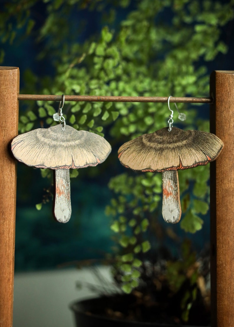 Mushroom Earrings | Retro Cottagecore Fairycore Jewelry | Woodland Wooden Laser Cut | Sterling Silver Ear Wires | Kawaii Cute Forest Fungi