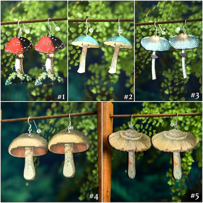 Mushroom Earrings | Retro Cottagecore Fairycore Jewelry | Woodland Wooden Laser Cut | Sterling Silver Ear Wires | Kawaii Cute Forest Fungi